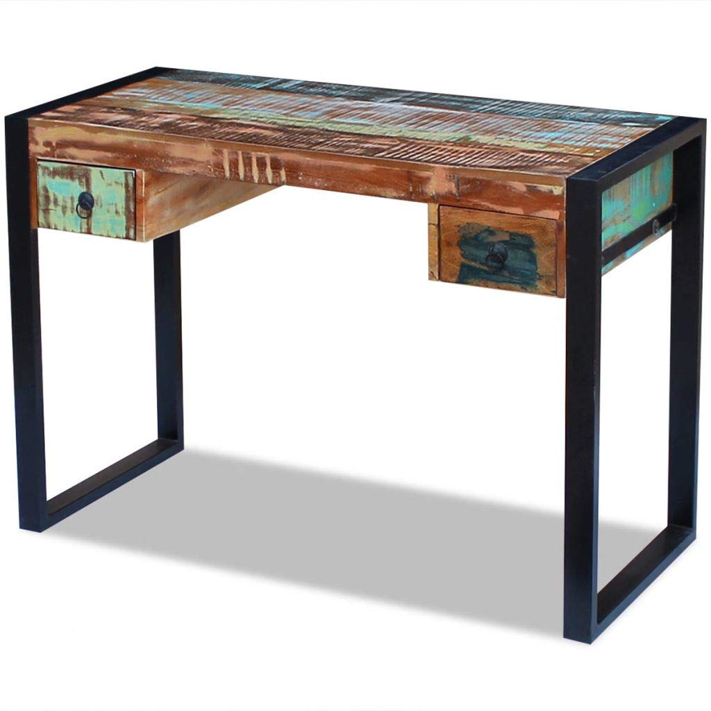vidaXL Antique-Style Black Metal Frame Desk with 2 Drawers - Solid Reclaimed Wood Writing Table for Home Office, Study & Workstation - Perfect for Rustic Home Decor & Multipurpose Workspaces
