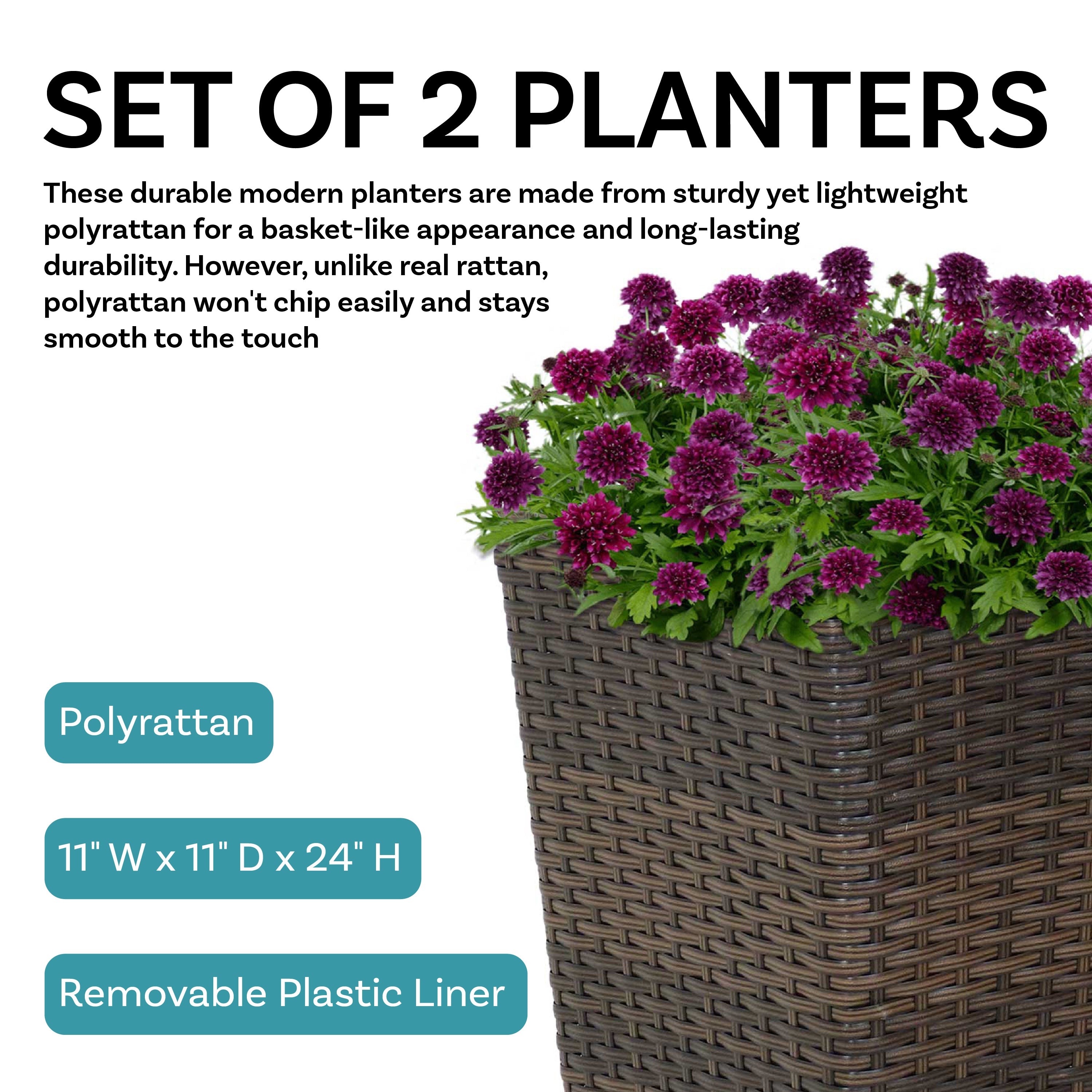 Sunnydaze 2-Piece Set of Brown Square Tall Wicker Planters - Durable Poly Rattan Outdoor Garden Pots for Patio, Deck, and Balcony Decor