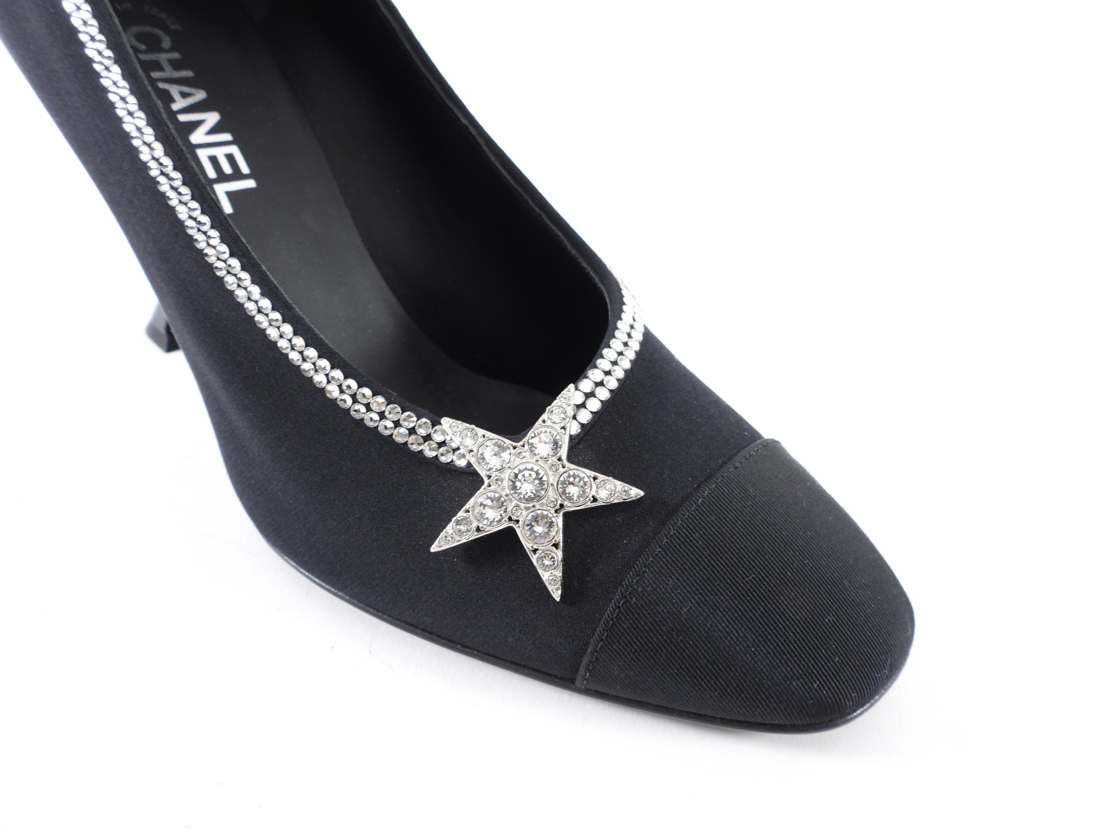 Chanel Black Fabric Pumps with Crystal Star Strass Trim - Women's Luxury High Heels Size 40C for Evening Parties & Special Occasions