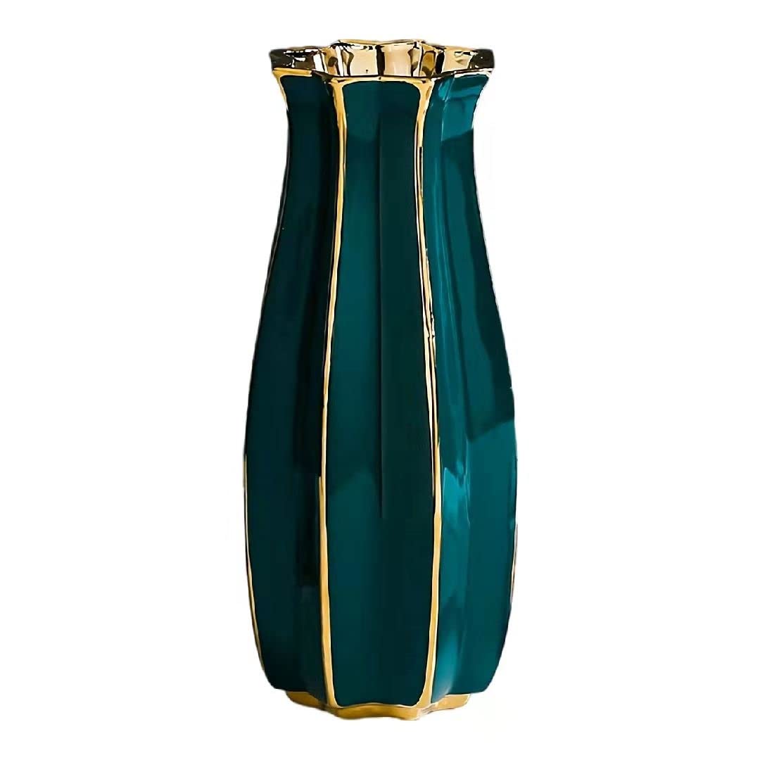 Modern Geometric Ceramic Vase - Electroplated Green Minimalist Luxury Home Decor for Living Room, Office Desk | 5.51