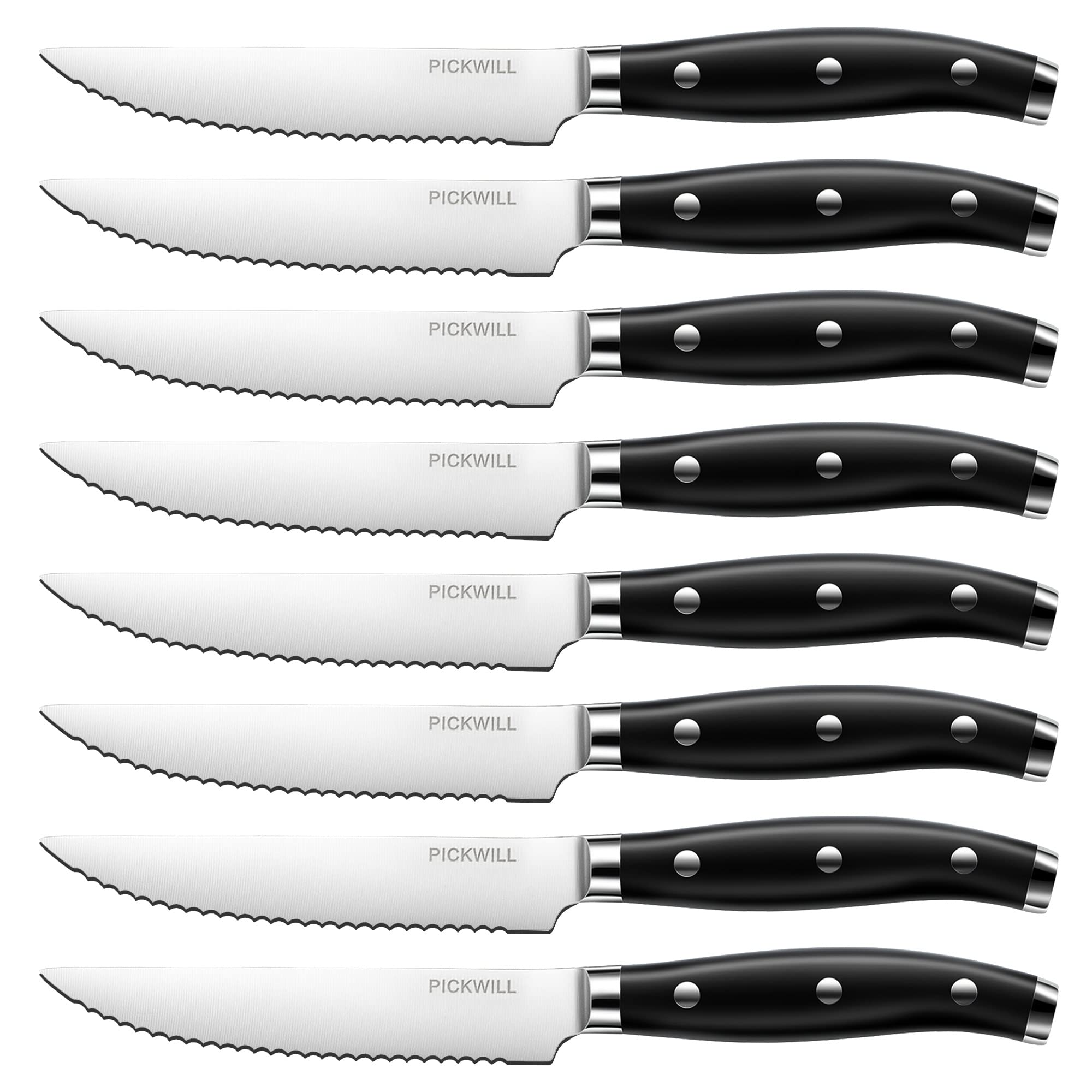 Premium 8-Piece Steak Knife Set - High Carbon Stainless Steel Serrated Blades with Full Tang Handle, 4.5 Inch Black Dinner Knives in Gift Box - Perfect for Steakhouse-Style Dining, BBQ Parties & Wedding Registry Gifts