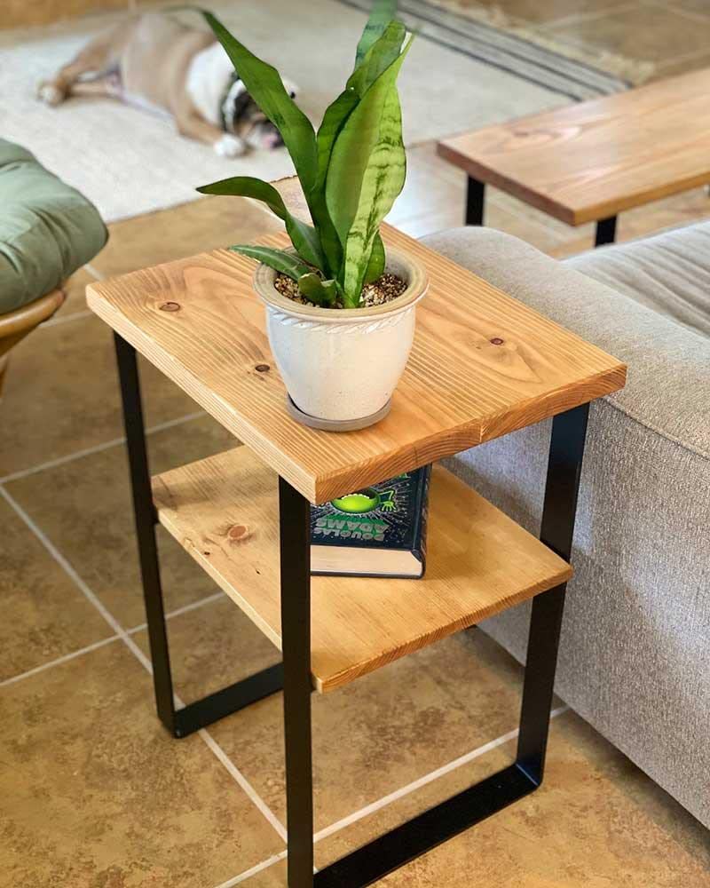 Solid Wood End Table with Shelf & Steel Legs - Rustic Barrel Style Nightstand or Living Room Side Table for Home Decor