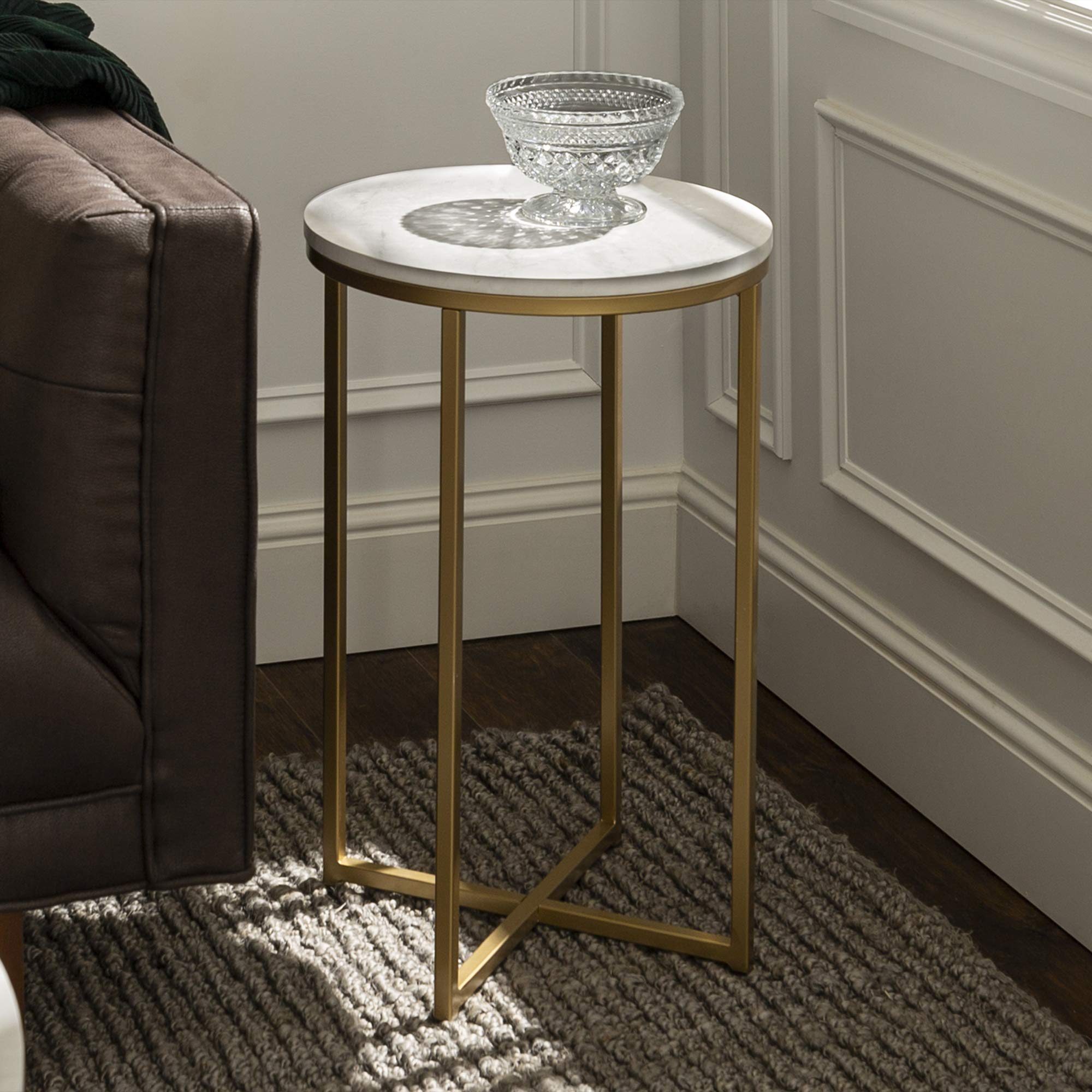 Walker Edison Modern Glam Round Coffee Table and Accent Table Set with Gold X-Bases - Stylish Living Room Furniture for Small Spaces, Perfect for Apartments and Home Decor