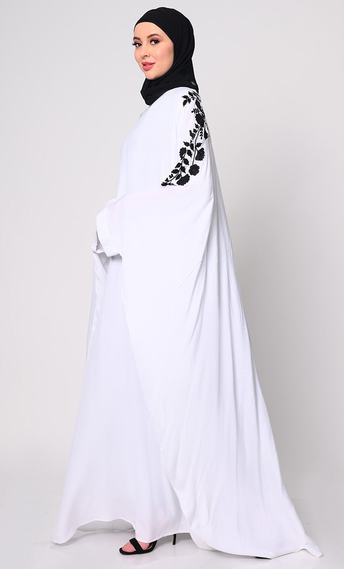 Elegant White Floral Embroidered Kaftan Dress with Pockets - Perfect for Beach Cover Up, Summer Vacation, and Boho Chic Outfits