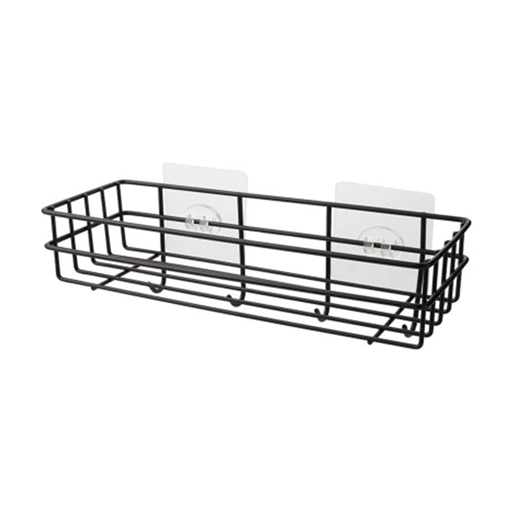 Stainless Steel Wall Mounted Bathroom Shelf Organizer & Shower Caddy - No Drilling Adhesive Spice Rack with 6 Hooks, Rustproof for Kitchen/Bathroom/Dorm (2 Pack, White or Black) - Perfect for Small Space Organization & Bathroom Storage Solutions