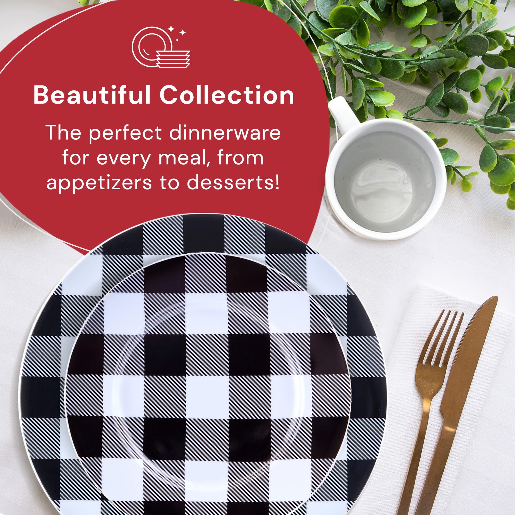 Modern Black & White Plaid 16-Piece Kitchen Dinnerware Set - Frost White Plates, Bowls & Mugs - Dishwasher Safe for Indoor Dining & Entertaining