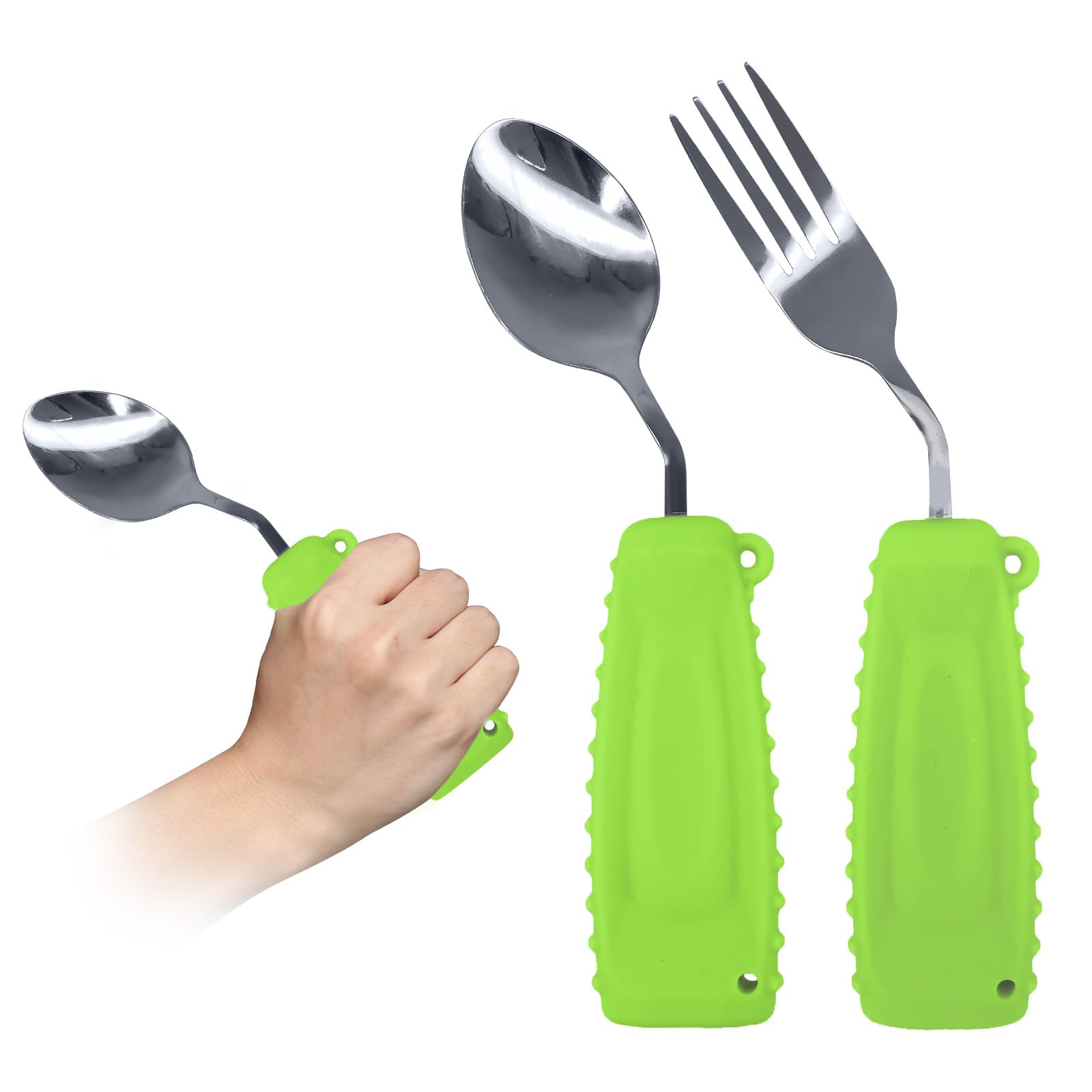 Weighted Adaptive Utensils Set - Non-Slip Angled Spoon & Fork for Parkinson's, Arthritis, Elderly & Hand Tremors (Right Hand, 2-Pack, Green) | Easy Grip Silverware for Daily Meals & Assisted Living