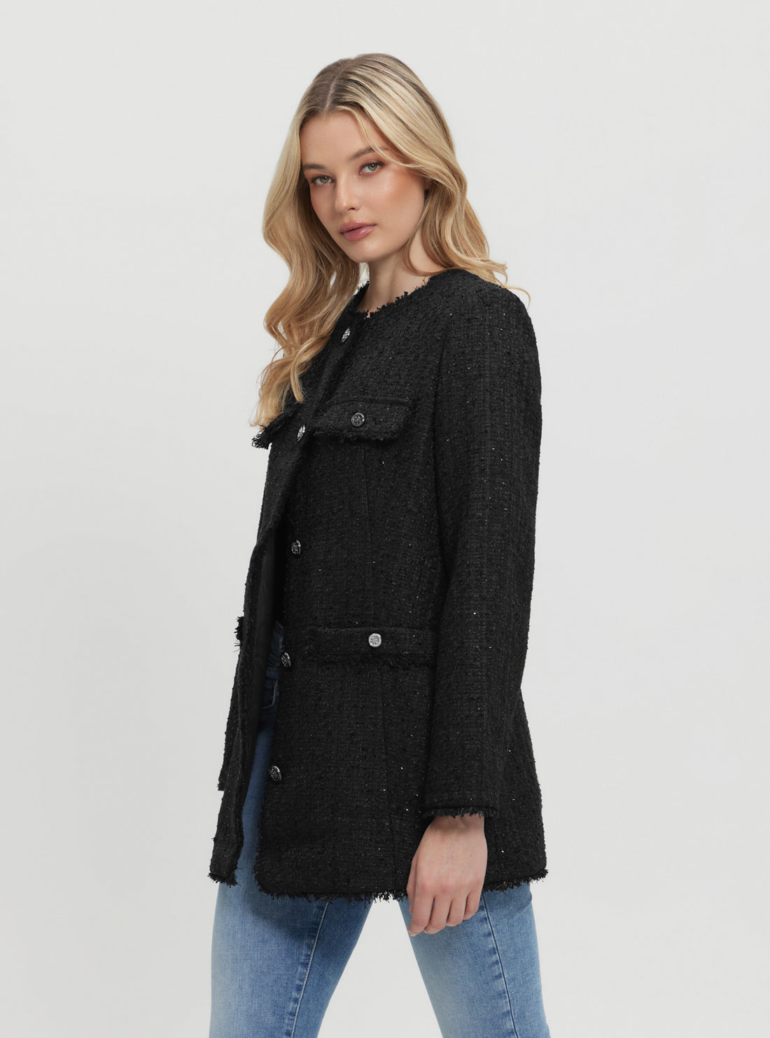 Black Noelie Tweed Jacket for Women - Classic Elegant Blazer with Notched Lapel - Perfect for Office, Business Meetings & Formal Occasions