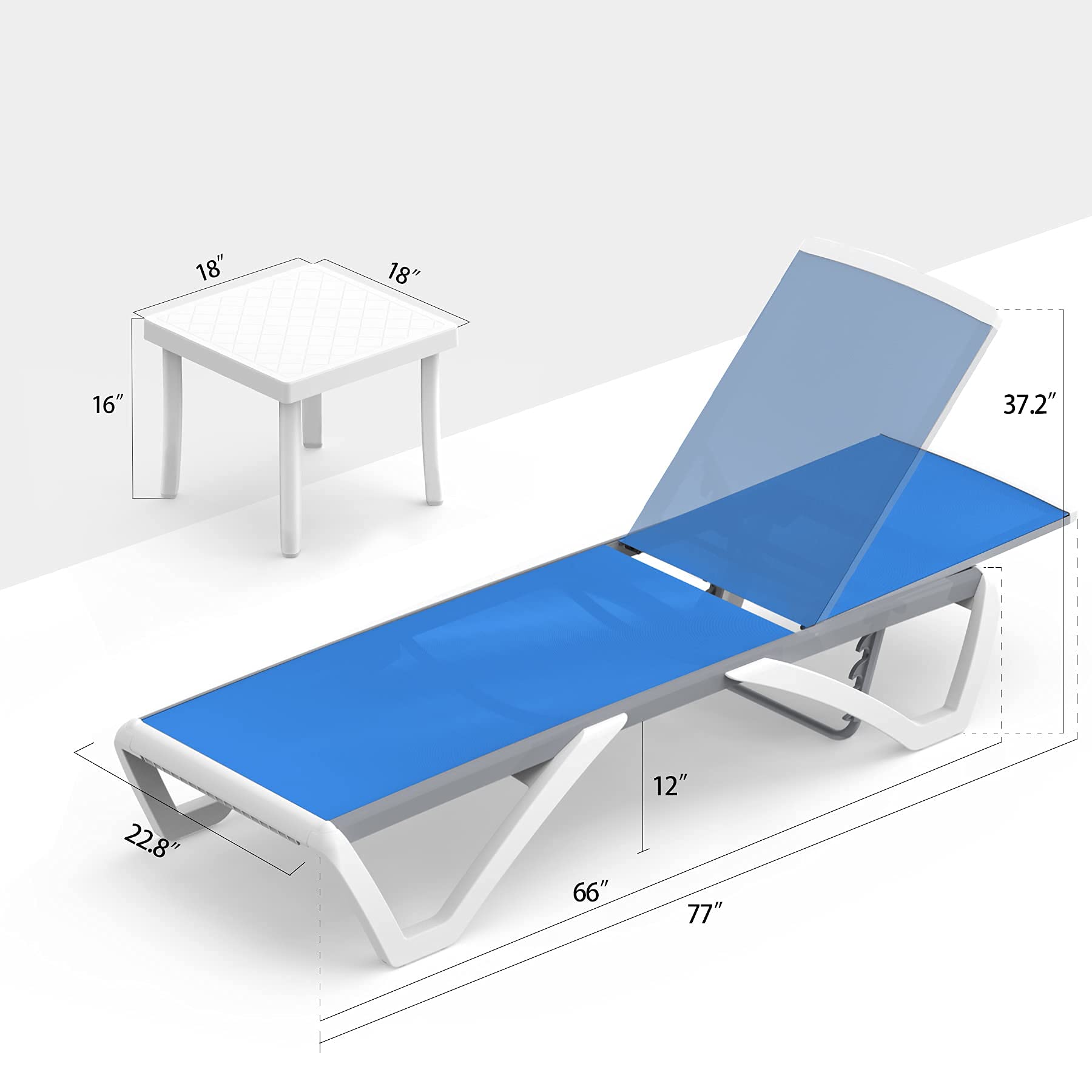 Domi Patio Chaise Lounge Chair Set of 3 - Outdoor Aluminum & Polypropylene Sunbathing Chairs with Adjustable Backrest, Armrest & Side Table - Perfect for Beach, Yard, Balcony & Poolside (2 Blue Chairs + 1 Side Table) | Great for Relaxing, Sunbathing & Outdoor Entertaining