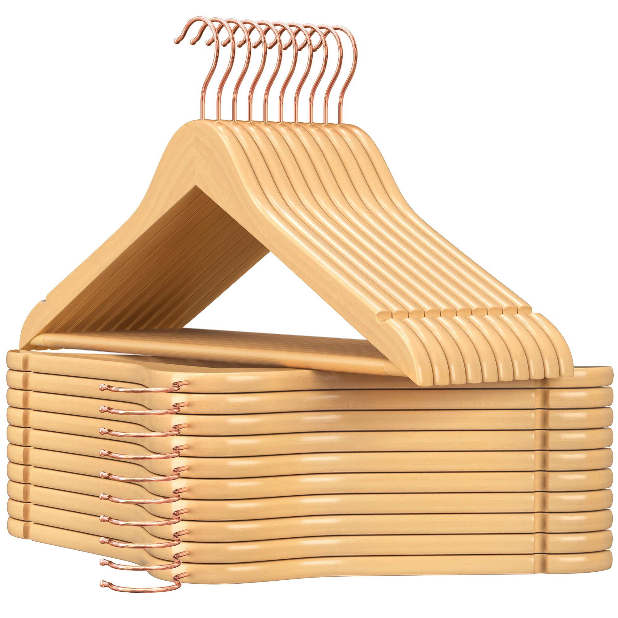 SONGMICS 20-Pack Wooden Clothes Hangers with Shoulder Notches - Natural Solid Wood Hangers with Rose Gold Swivel Hooks for Shirts, Jackets, Pants - Perfect for Closet Organization and Wardrobe Storage