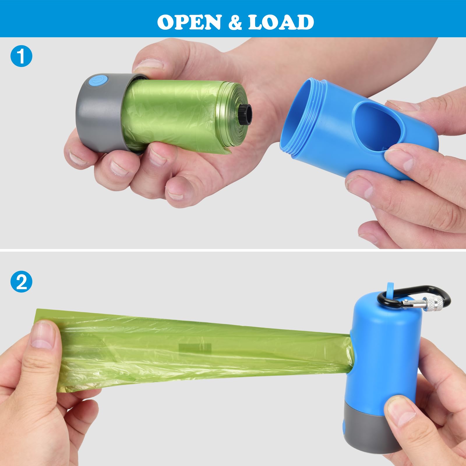 Rechargeable LED Dog Poop Bag Dispenser with Carabiner Clip - 15 Extra Thick Pet Waste Bags Included - Hands-Free Leash, Collar & Harness Attachment - Ideal for Night Walks, Hiking & Outdoor Adventures