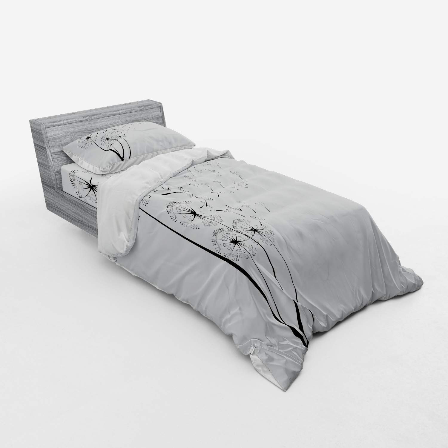 Ambesonne Dandelion Duvet Cover Set - Monochrome Floral Bedding with Sham & Fitted Sheet, Twin Size in White & Charcoal Grey | Perfect for Bohemian & Romantic Bedroom Decor