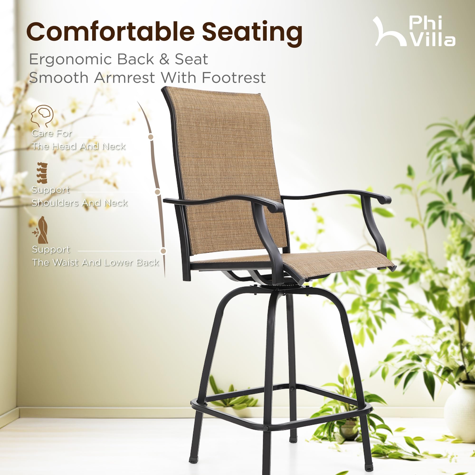 PHI VILLA 11-Piece Outdoor Patio Swivel Bar Set - Textilene Bar Height Chairs with Armrests & Wood-Look Bar Table - All-Weather Garden Furniture for Backyard, Poolside & Lawn Relaxation