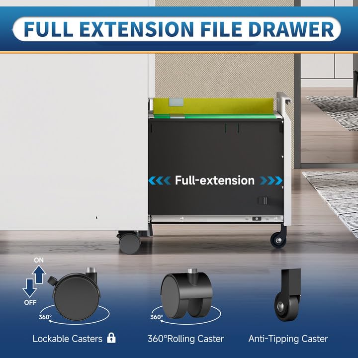 2-Drawer Locking File Cabinet with Wheels - Mobile Storage for Legal, Letter & A4 Files - Home Office Organization Under Desk - White - Perfect for Small Spaces & Document Security
