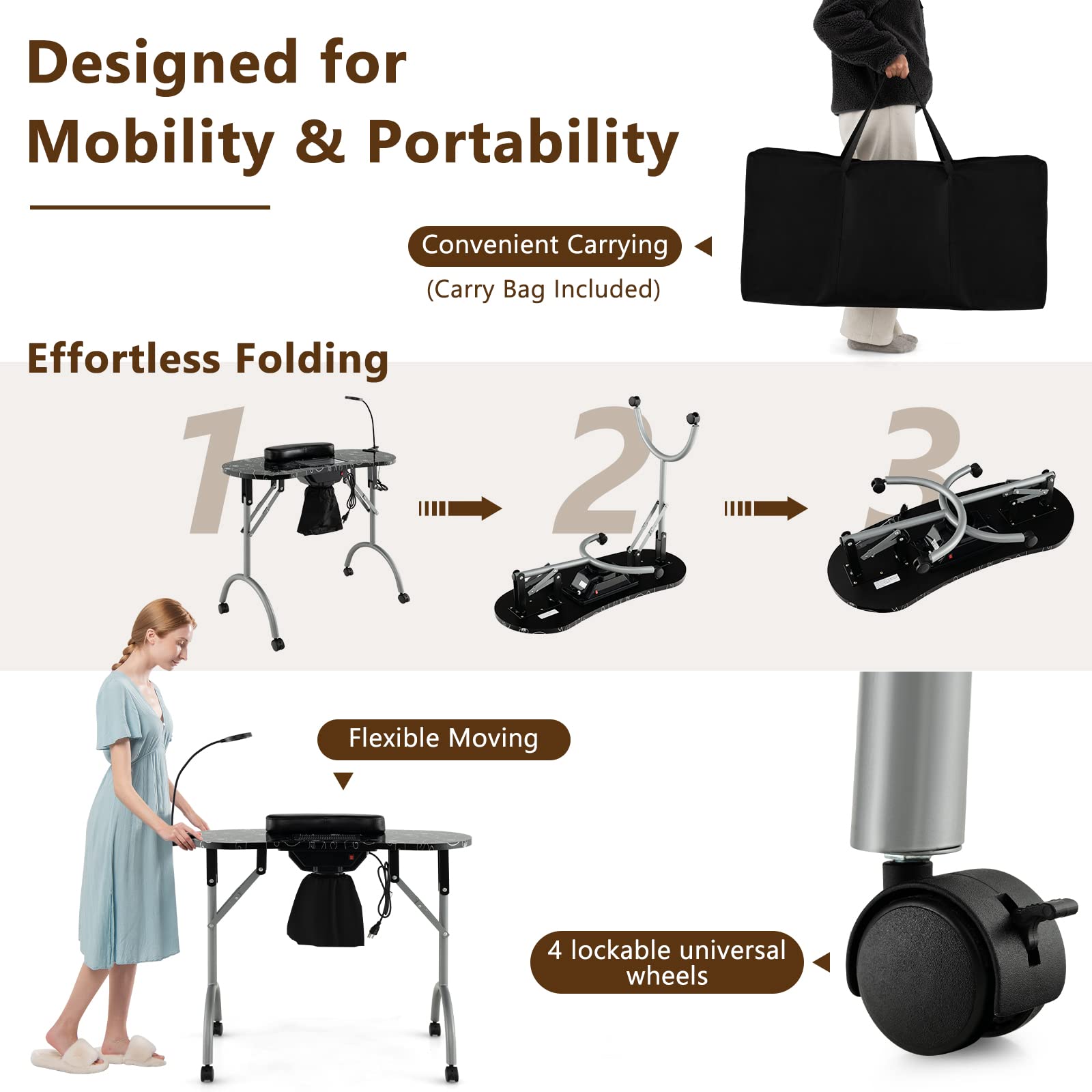 Portable 35-inch Folding Manicure Table with Electric Dust Collector, Adjustable LED Light & Carry Bag - 4 Lockable Wheels Nail Salon Station for Professionals (Black) | Perfect for Home Salons & Mobile Nail Technicians