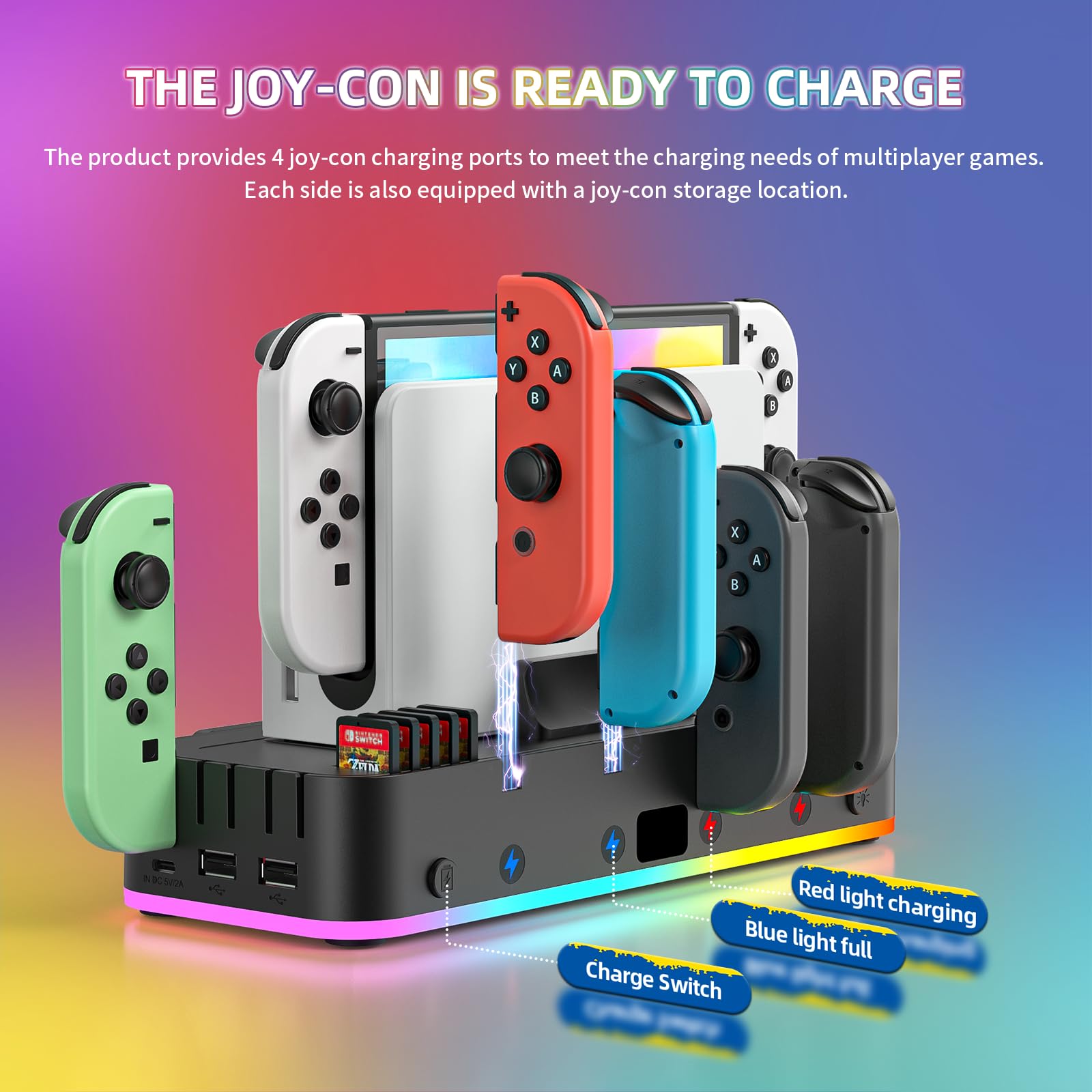 RGB Wall Mount Charging Dock for Nintendo Switch & OLED - Joy-Con Controller Holder with 15 Light Modes, 4 Charging Ports, 2 USB Ports & 10 Game Card Slots | Perfect Switch Accessories for Gaming Setup & Organized Playstation