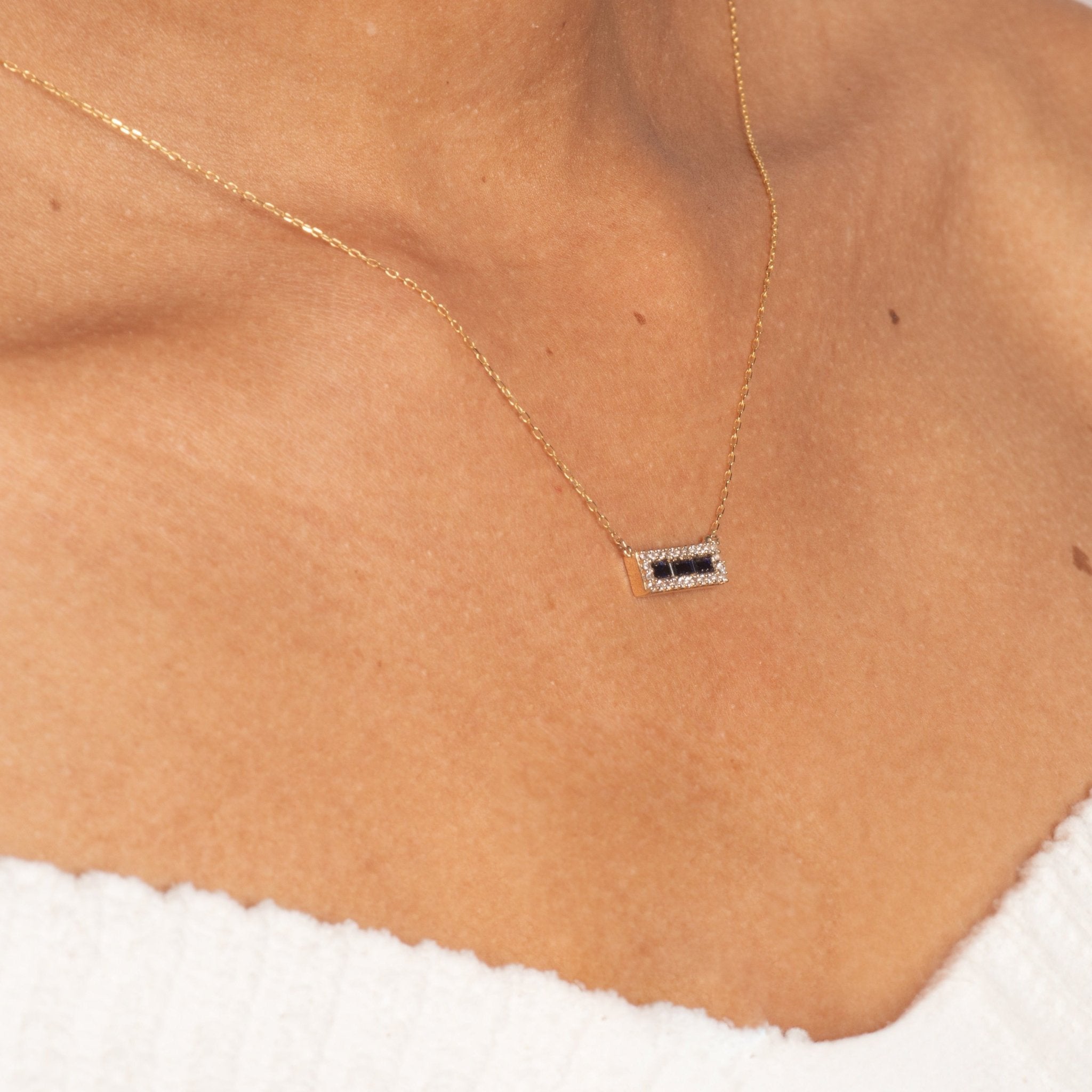 10k Yellow Gold Blue and White Sapphire Bar Necklace – Elegant Dainty Jewelry for Women, Perfect for Everyday Wear, Date Nights & Special Occasions