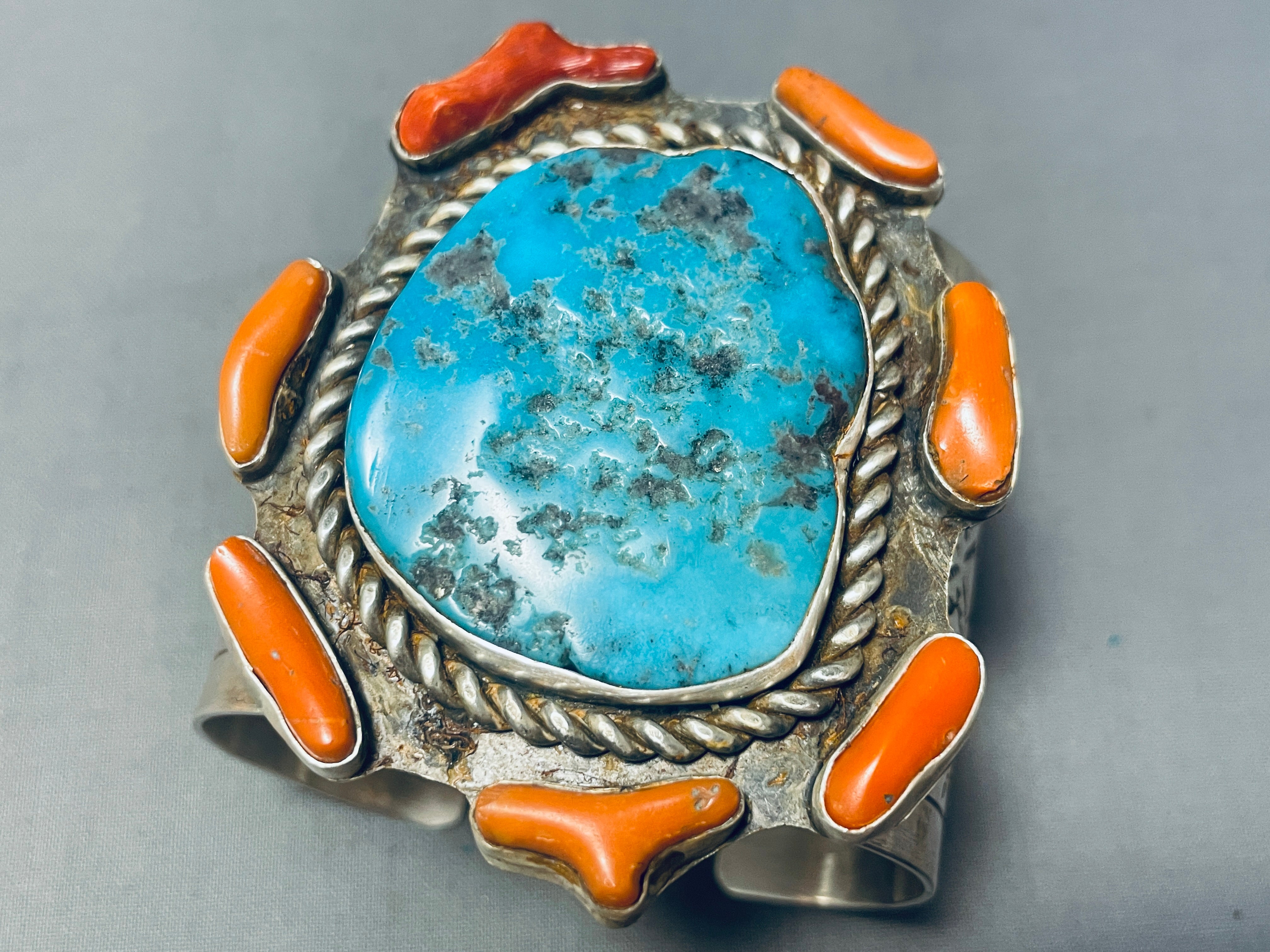 147g Genuine Native American Navajo Turquoise & Coral Sterling Silver Bracelet - Handcrafted Jewelry for Women, Boho Chic Accessory for Casual & Formal Wear