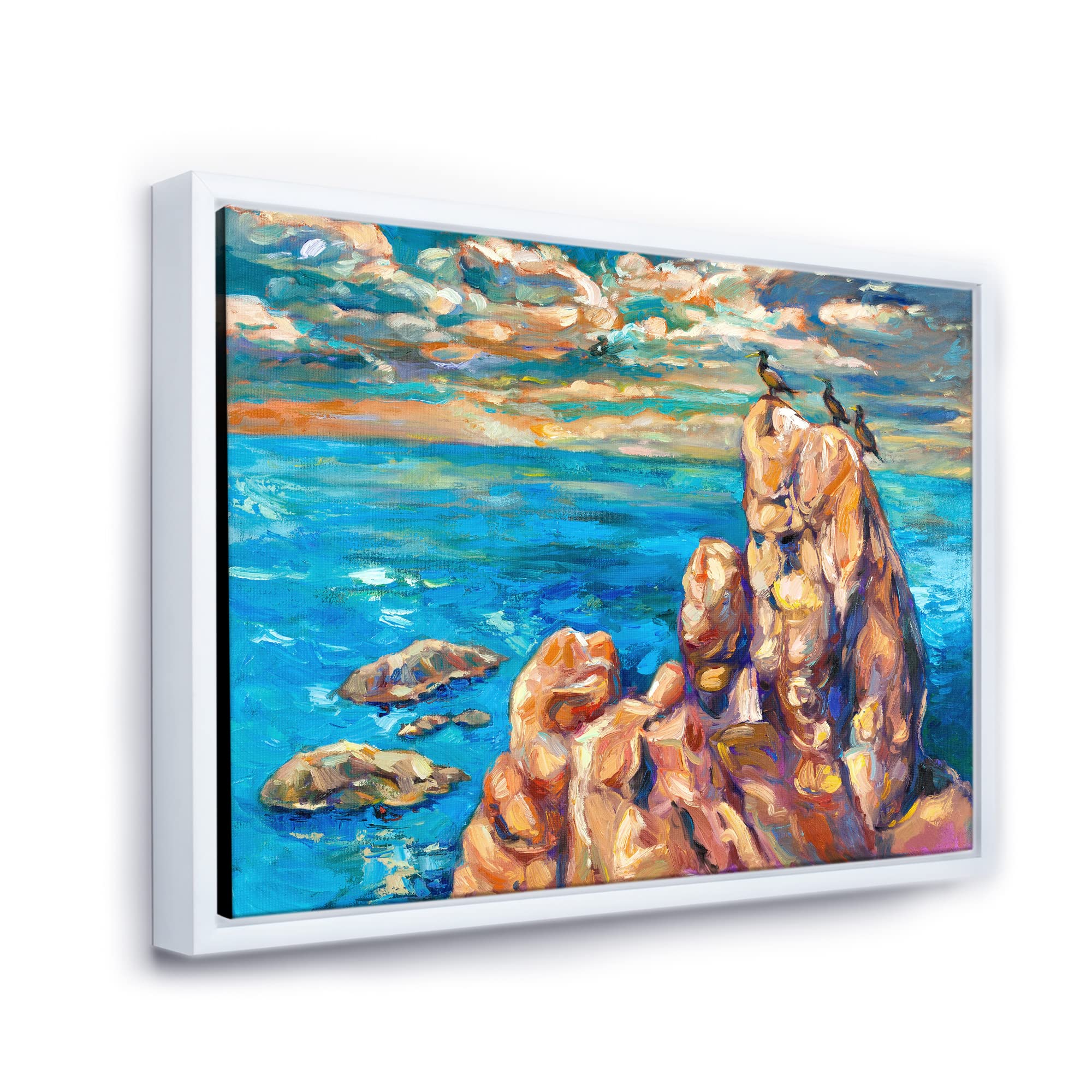 DesignQ Cliffs By The Blue Ocean I - Coastal Framed Canvas Wall Art Print | Nautical Home Decor | Perfect for Beach House, Living Room & Office Wall Decor