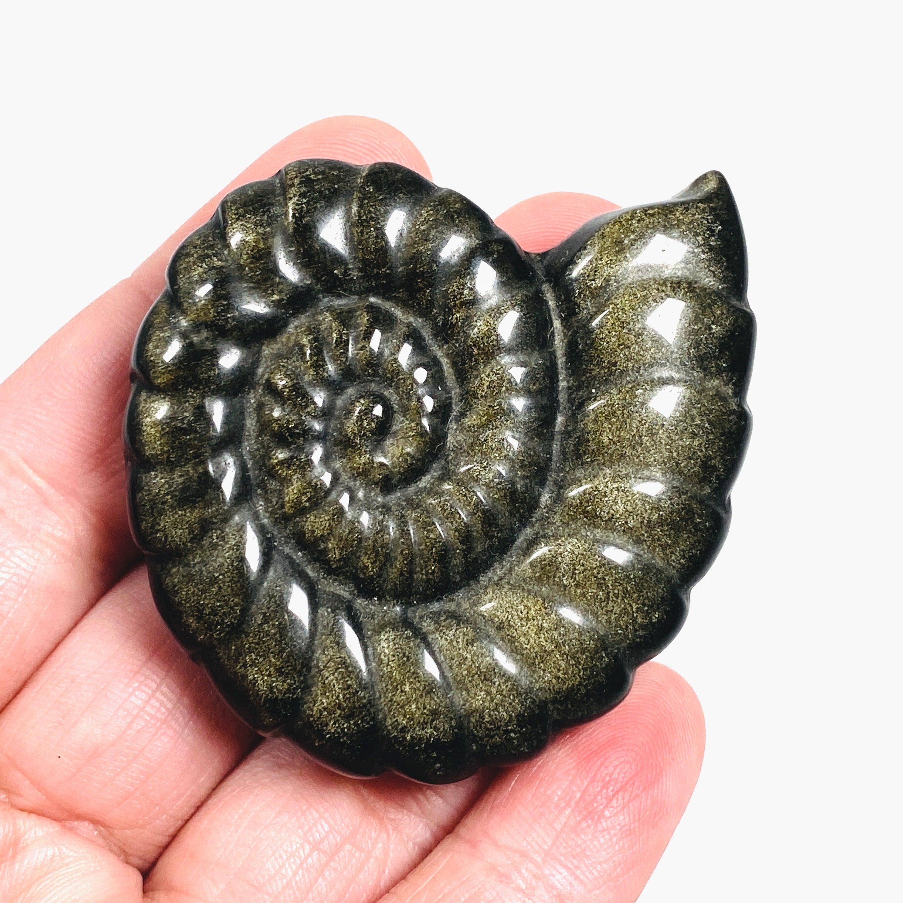 Natural Ammonite Gold Sheen Obsidian Carving AMC01 - Handmade Healing Stone for Meditation, Yoga & Spiritual Decor
