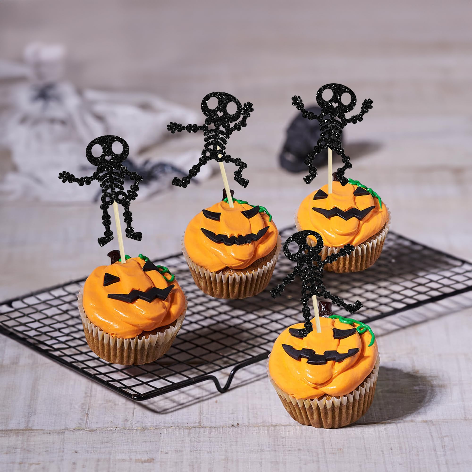 24Pcs Halloween Skull Cupcake Toppers - Spooky Skull Dance Cake Decorations for Halloween Parties, Baby Showers & Birthday Celebrations - Black Halloween Party Supplies for Kids & Adults
