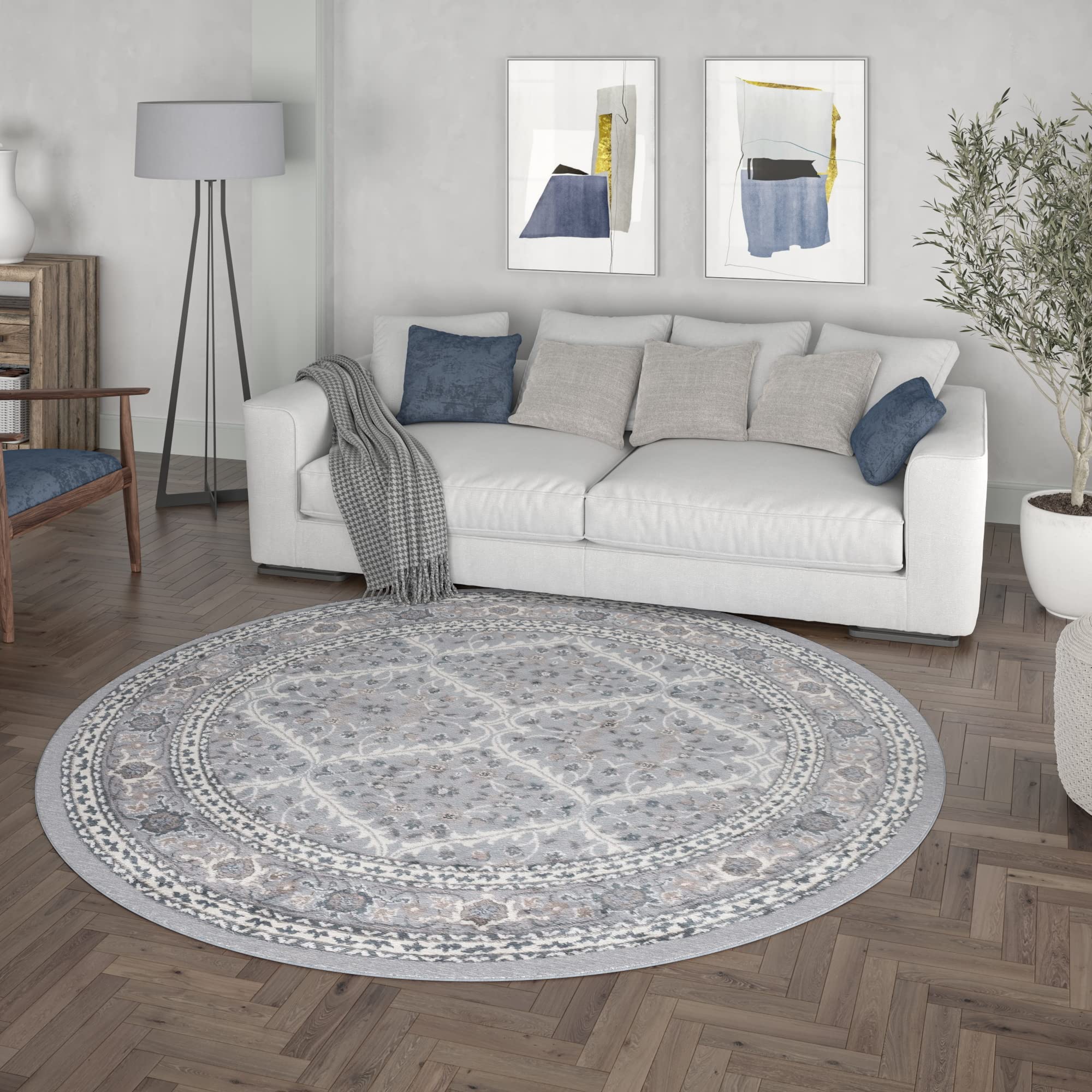 Tayse Gray Modern Large 8ft Round Area Rug - Soft Contemporary Carpet for Living Room, Bedroom, Dining Room & Entryway - Non-Slip Kitchen Rug - Perfect for Home Decor & Family Gatherings