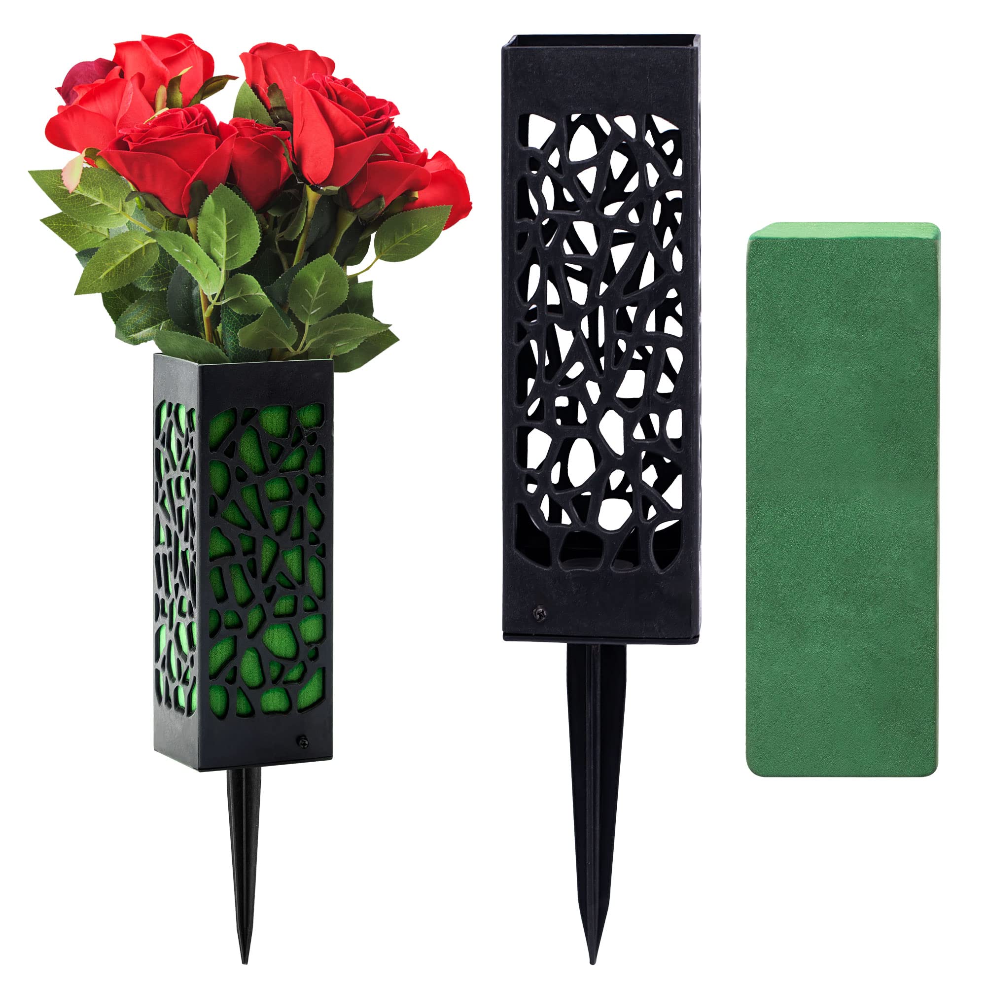 Durable Plastic Cemetery Vases with Foam - 2 Pack In-Ground Flower Holders with Spikes for Graves | Perfect for Memorial Day Decorations & Cemetery Floral Arrangements