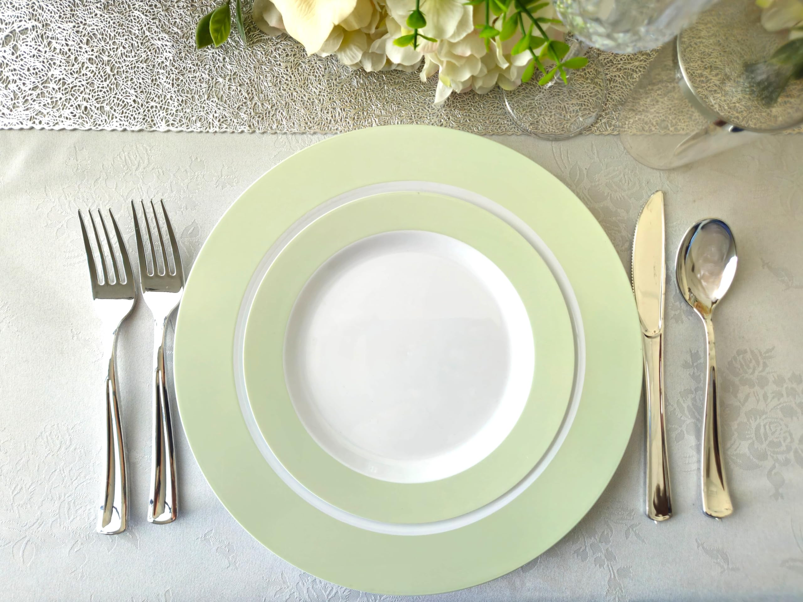 120-Piece Disposable Plastic Plates & Bowls Set - 12oz Soup Bowls for Weddings, Parties & Events (White & Pearled Green) - Perfect for Catering, Picnics & Family Gatherings