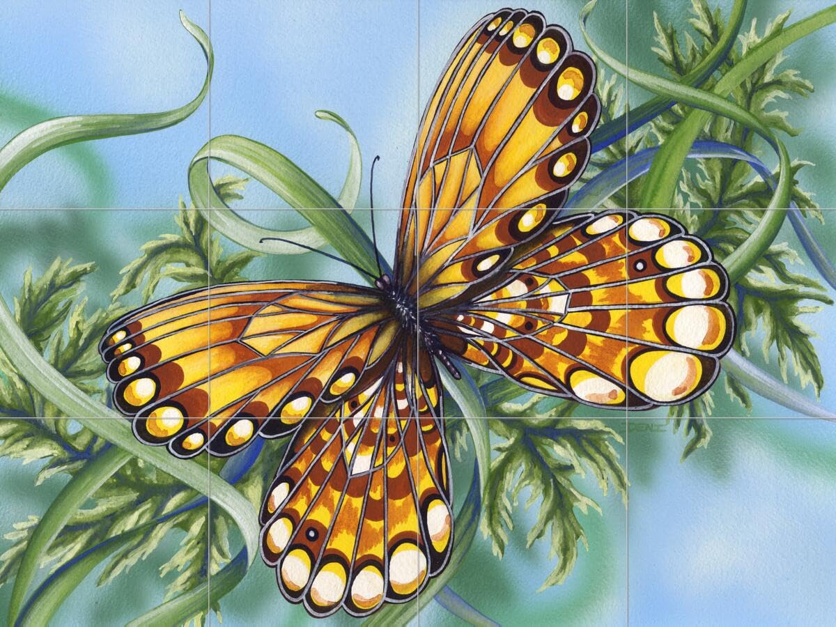 Hand-Painted Ceramic Backsplash Tile Mural with Butterfly Design - Amber Wings by Denise Freeman - Perfect for Kitchen & Bathroom Renovation, Accent Wall Decor