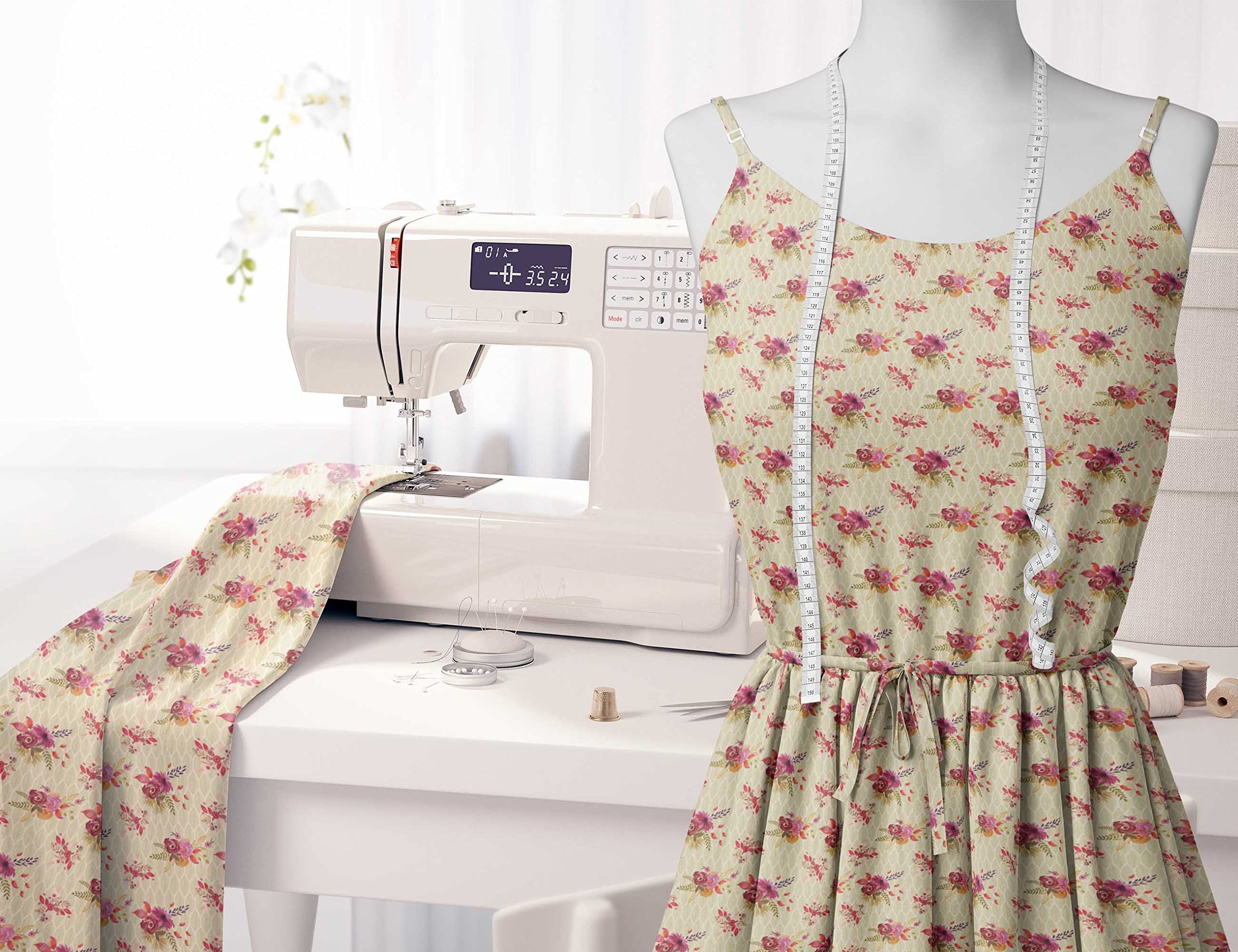 Soimoi Moss Georgette White Floral Fabric by The Yard - 44 Inch Wide Printed Fabric with Delicate Flower & Leaf Patterns for Dresses, Scarves, Curtains and DIY Craft Projects