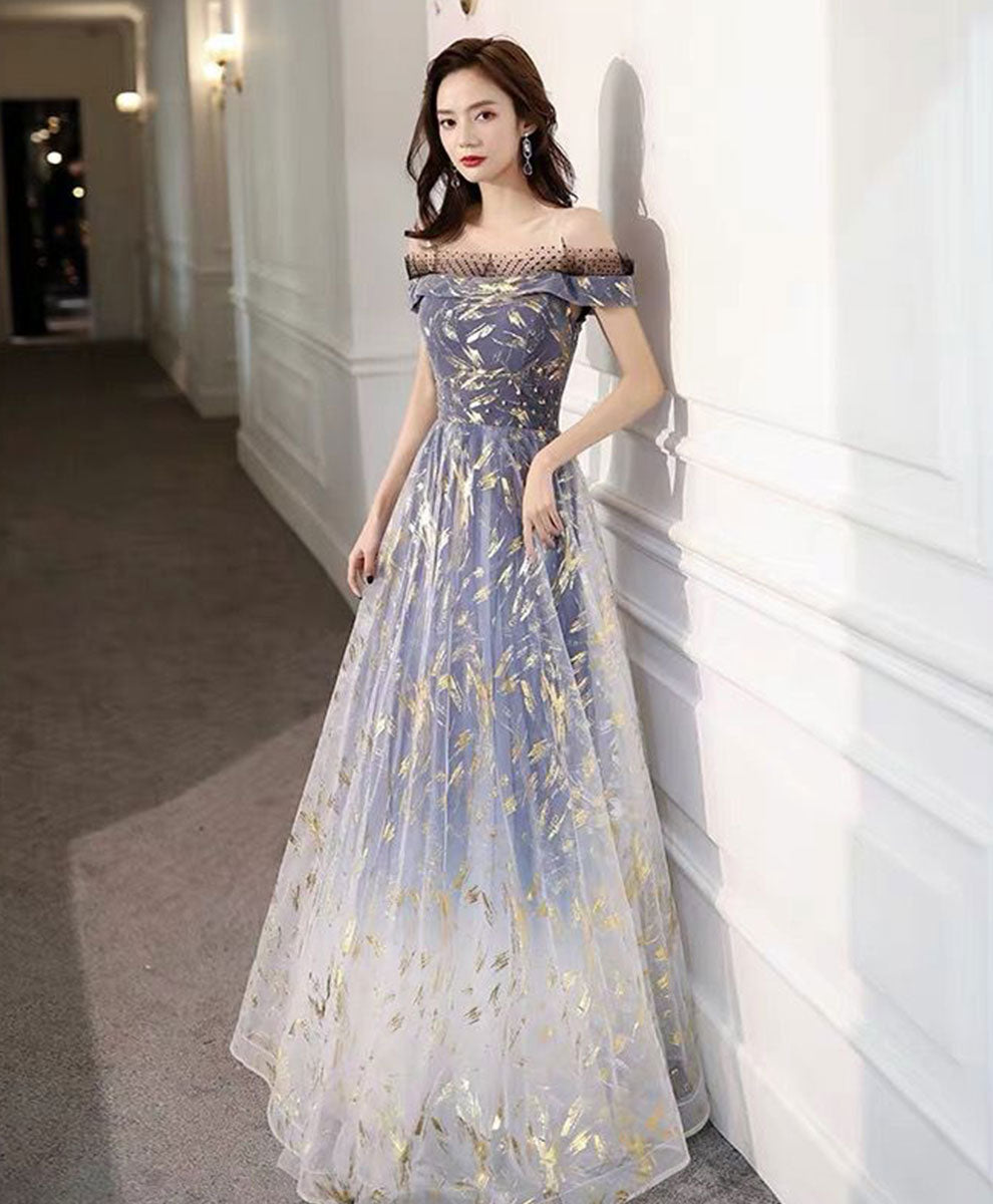 Elegant Blue Tulle Off-Shoulder Lace Long Prom Dress - Formal Evening Gown for Homecoming, Wedding & Special Occasions