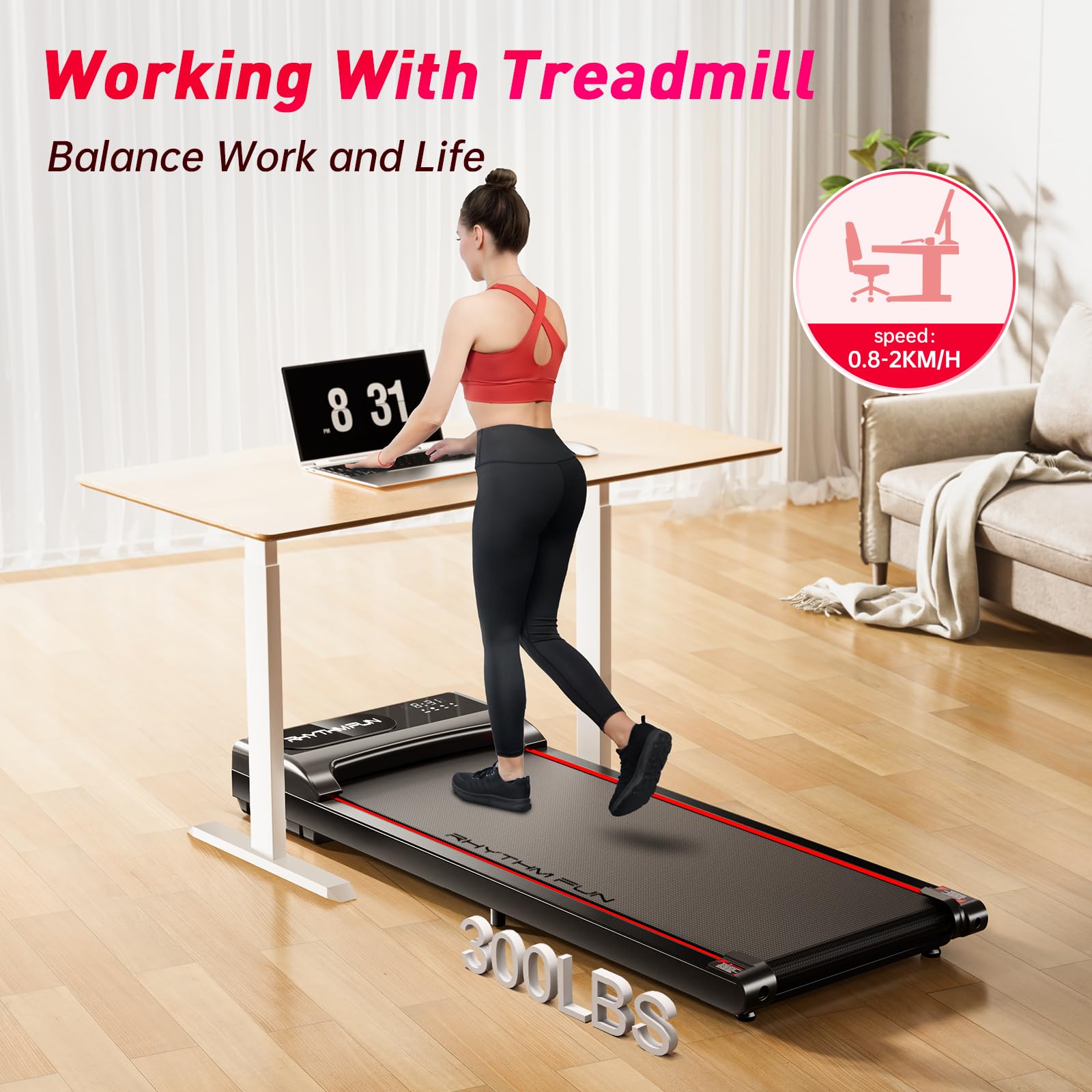 RHYTHM FUN Under Desk Treadmill with Incline - 300 Lbs Capacity, Remote Control & LED Display - Portable Walking Pad for Home Office, Small Spaces & Apartment Workouts - Perfect for Work from Home, Fitness & Compact Exercise
