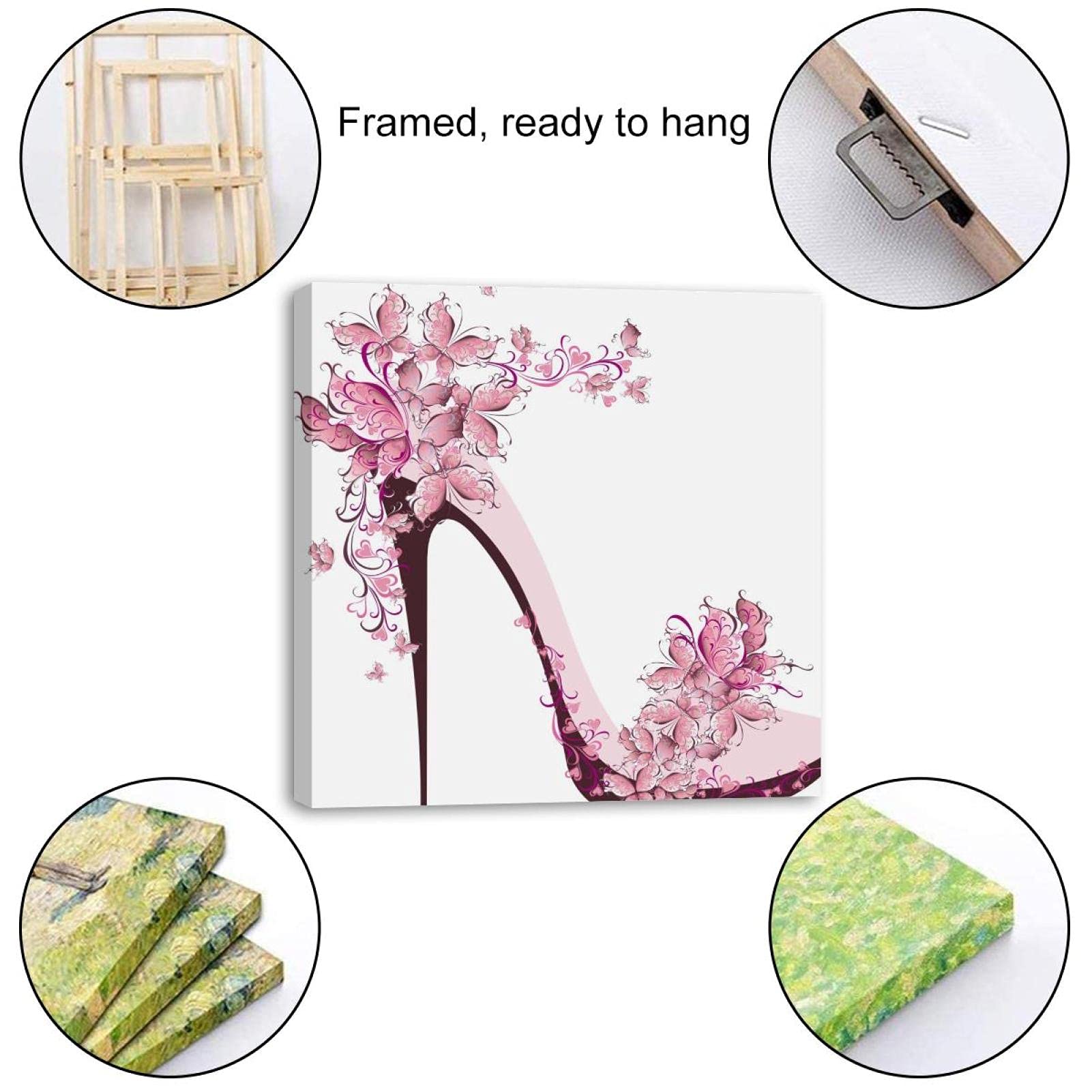 Framed Canvas Wall Art - High Heel Shoe with Butterfly Illustration, Oil Painting Style Poster for Living Room, Bedroom, Bathroom & Office Decor | Perfect for Home Decoration & Gift Giving