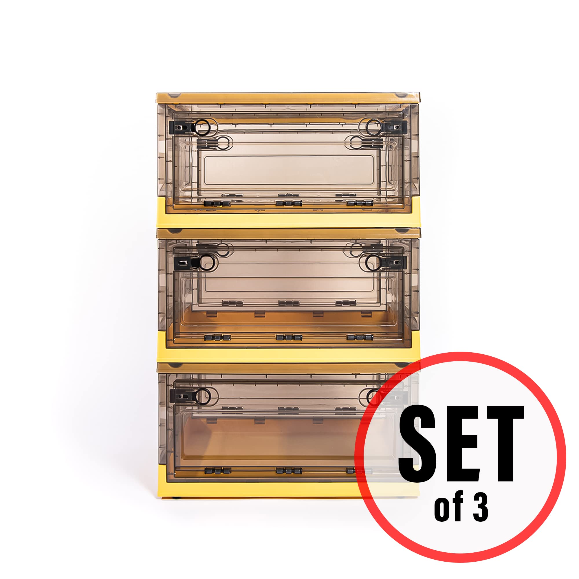 Best 3-Pack Collapsible Storage Bins with Side Opening & Stackable Lid - Foldable Home Organization Cube for Closet, Office & Kids Room (Medium, Yellow) - Perfect for Toys, Books & Seasonal Storage