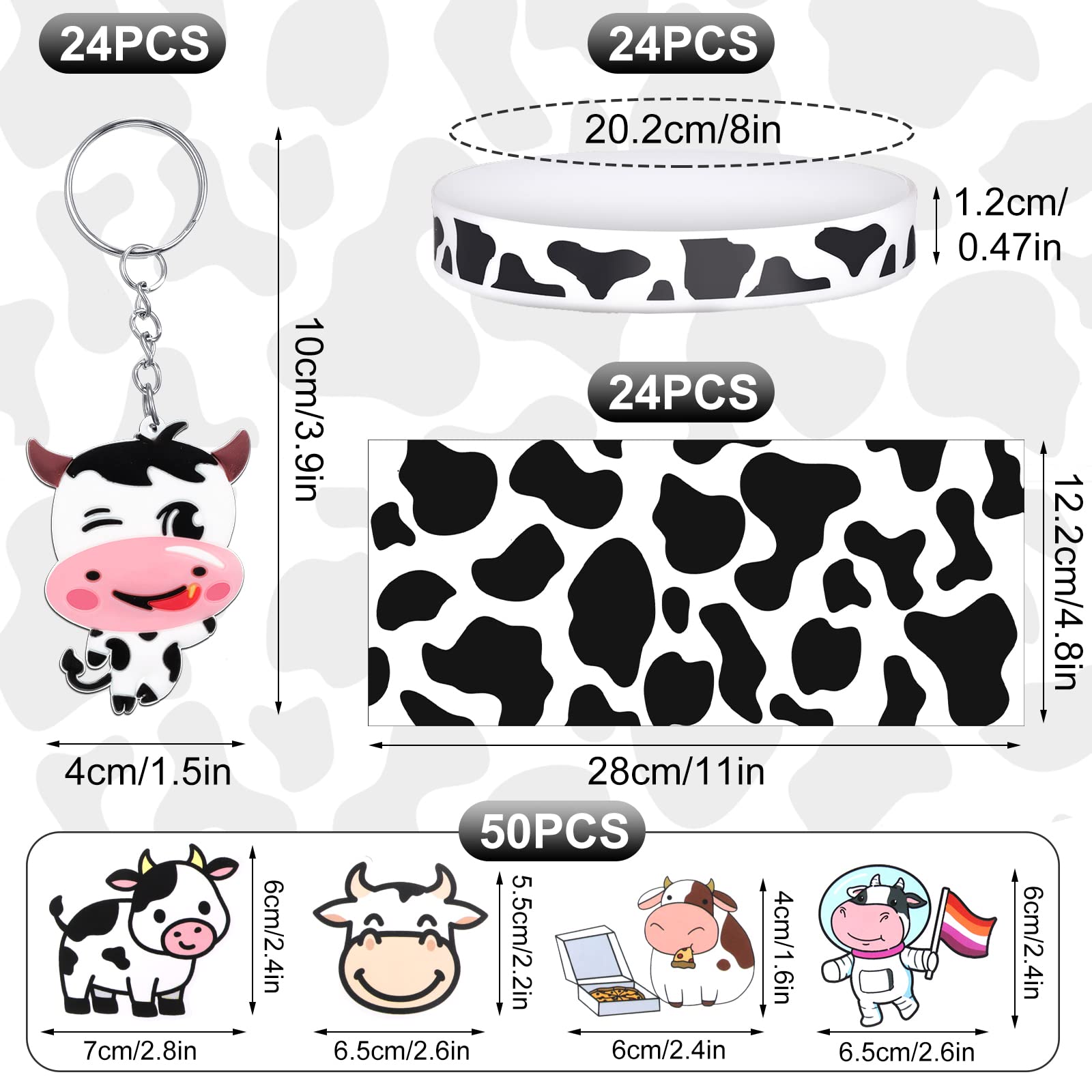 Chunful 148 Pcs Cow-Themed Party Favors Kit - Includes Cute Cow Keychains, Printed Gift Bags, Silicone Bracelets & Animal Stickers for Girls Birthday Party, Baby Shower & Cowboy Theme Events (White)