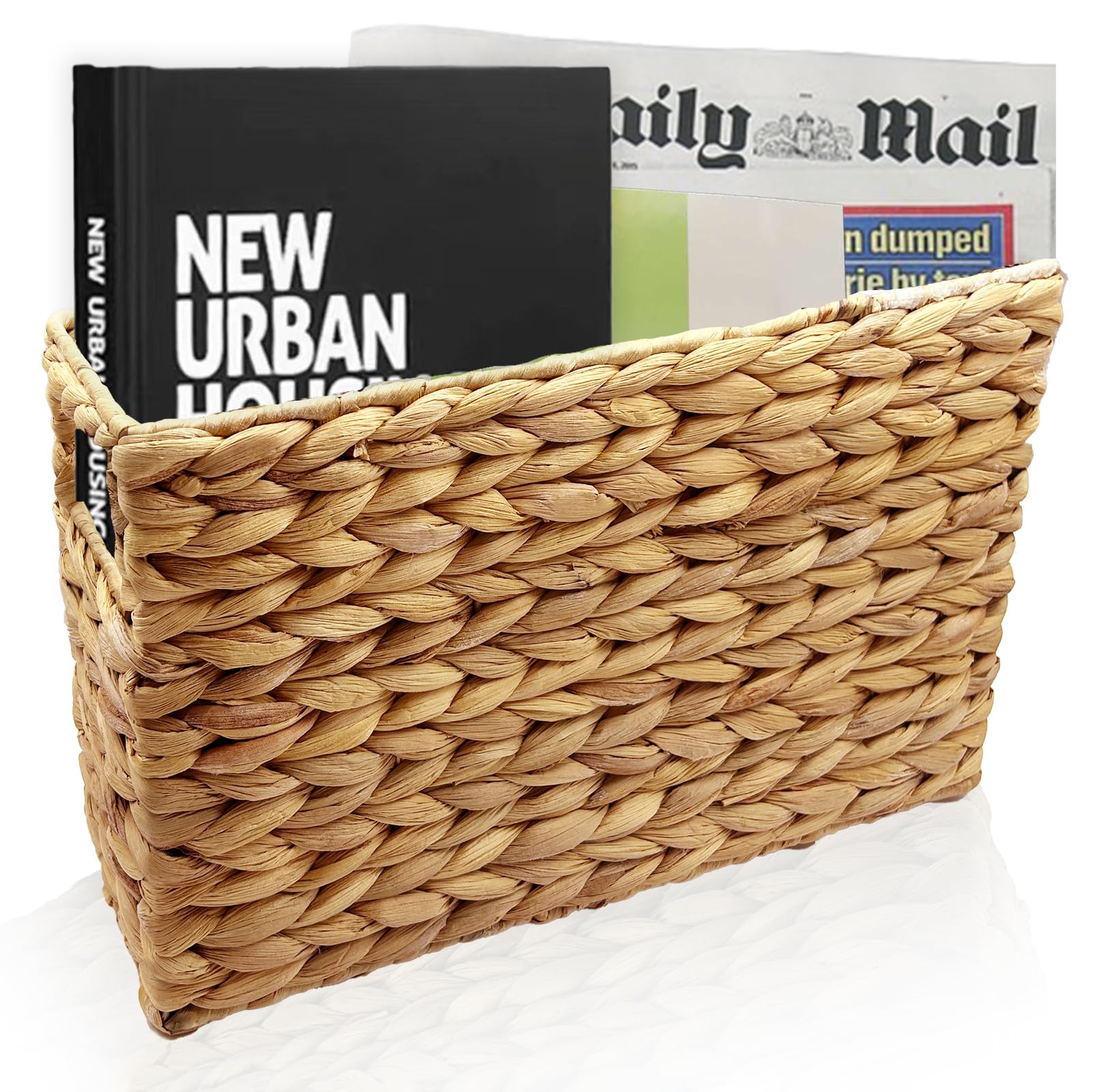 Hand-Woven Water Hyacinth Magazine Basket - 15.5 x 5.75 x 9.5 Inch Natural Wicker Storage Bin for Office, Bathroom & Desk Organization - Perfect for Magazines, Books & Home Decor