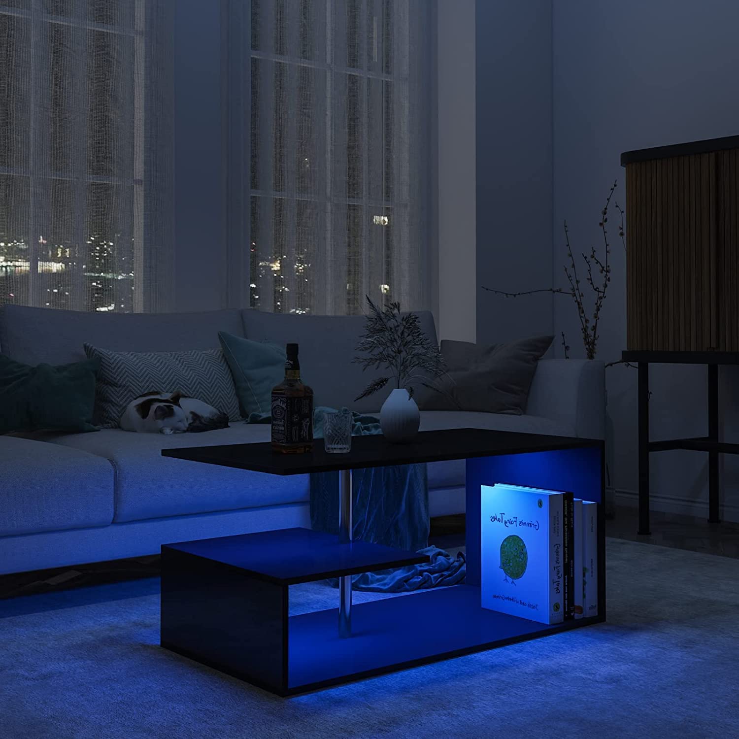 Modern Black LED Coffee Table with 3-Tier S-Shaped Open Storage Shelf - High Gloss Center Sofa Table with Adjustable Lighting - Perfect for Living Room, Home Office & Small Spaces (18