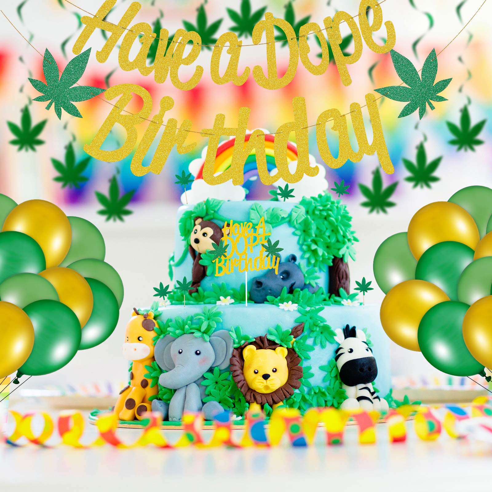 3-Piece Cannabis Leaf Birthday Banners, 13-Piece Weed Cake Toppers, 12-Piece Hanging Swirls & 24-Party Balloons - Complete Marijuana-Themed Party Decor Kit for Stoner Birthdays & 420 Celebrations