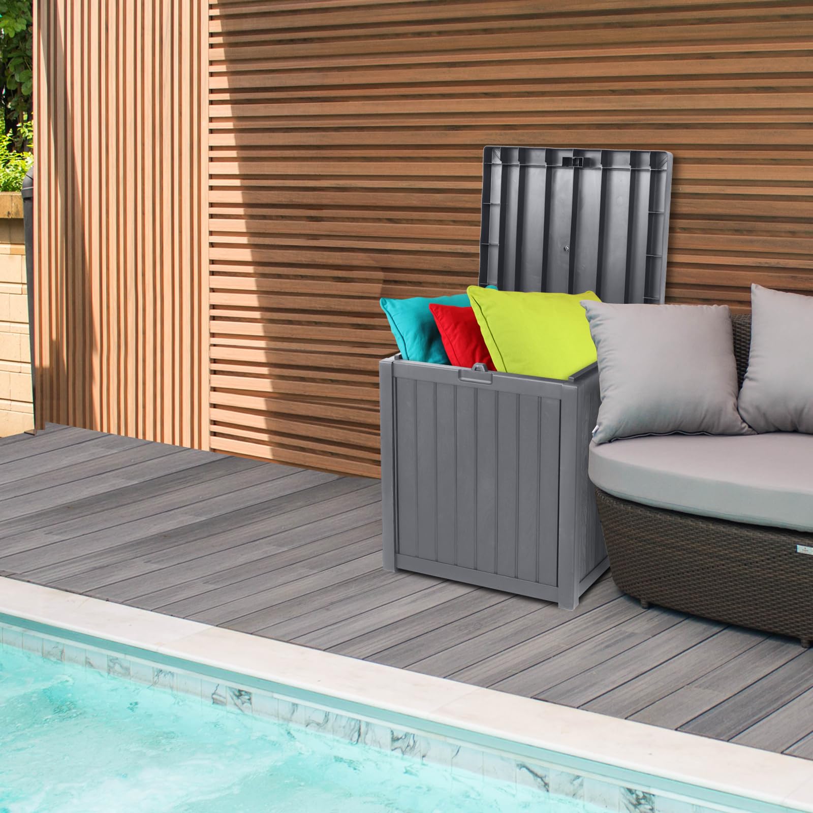 VINGLI 51 Gallon Medium Deck Box - Waterproof Resin Storage Container for Patio Furniture, Garden Tools & Outdoor Gear - Lockable Design for Patio, Pool, Yard, Balcony & Porch Organization (Grey) - Perfect for Storing Cushions, Pool Toys & Seasonal Items