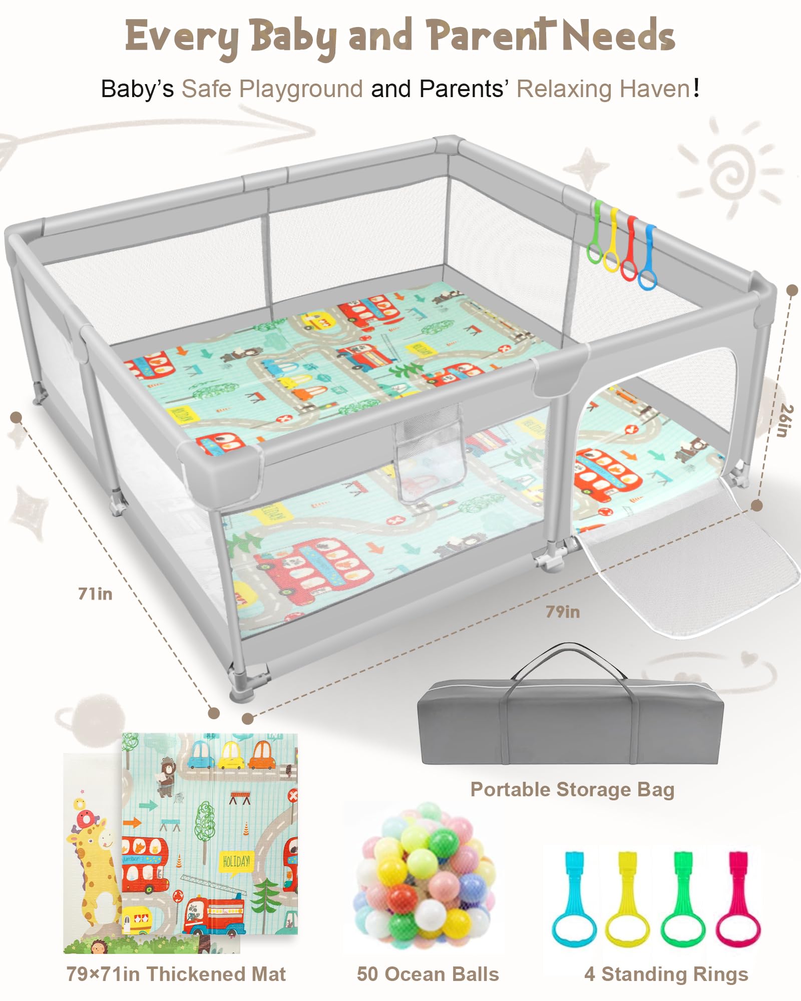 KFM Baby Playpen with Mat - 79x71 Inch Safe Play Yard for Toddlers | Indoor & Outdoor Use