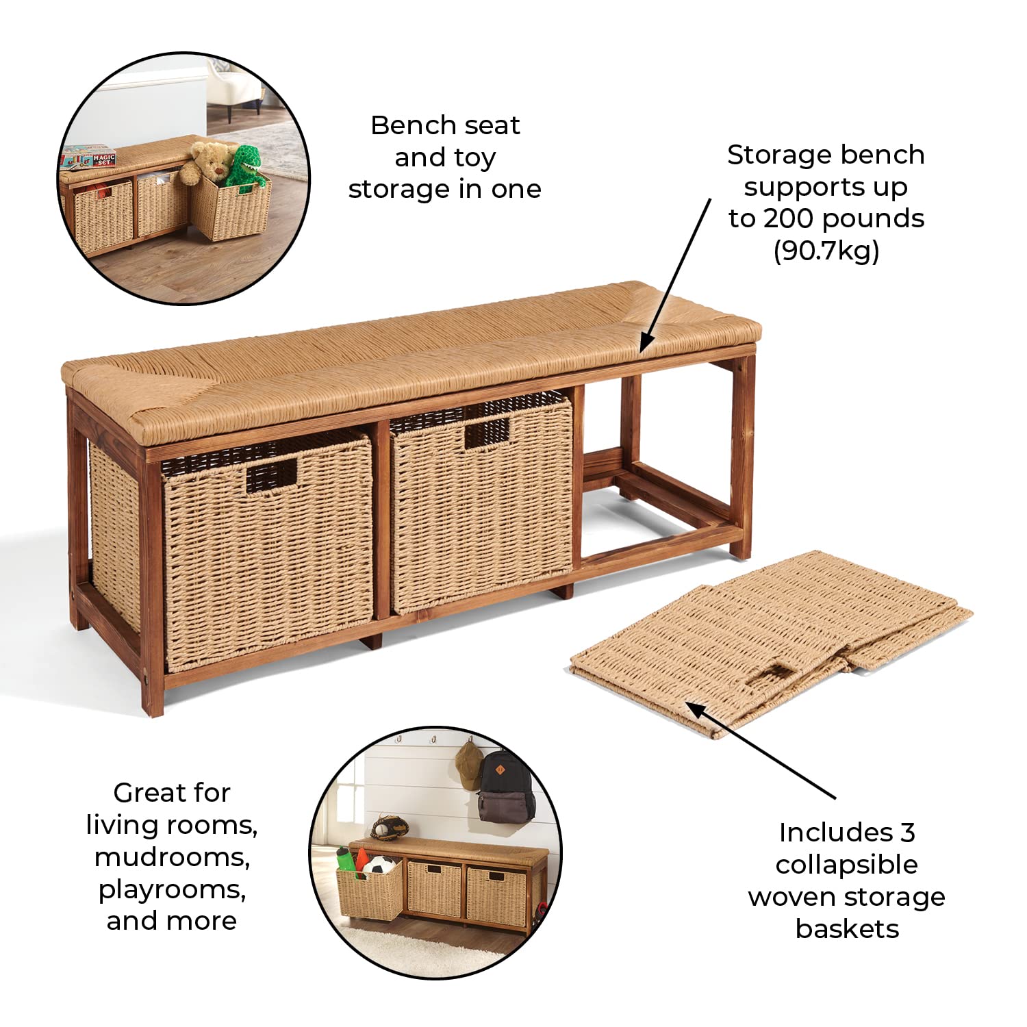 **Badger Basket Kid's Toy Storage Bench with Woven Top & 3 Collapsible Baskets - Light Brown - Perfect for Kids' Room Organization & Playroom Storage**
