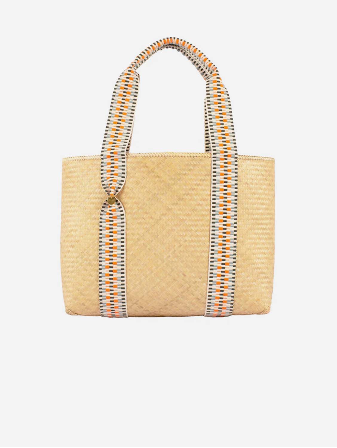 Mentawai Handwoven Bamboo Vegan Medium Tote Bag with Orange Straps | Natural Eco-Friendly Reusable Shopping Bag for Beach, Grocery & Daily Use