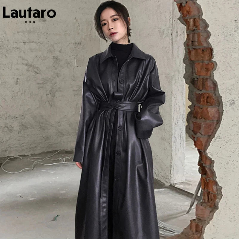 Stylish Women's Autumn Long Black PU Leather Trench Coat with Belt - Single Breasted Loose Fit Korean Fashion Outerwear for Fall 2022 | Perfect for Office, Dating & Casual Outings
