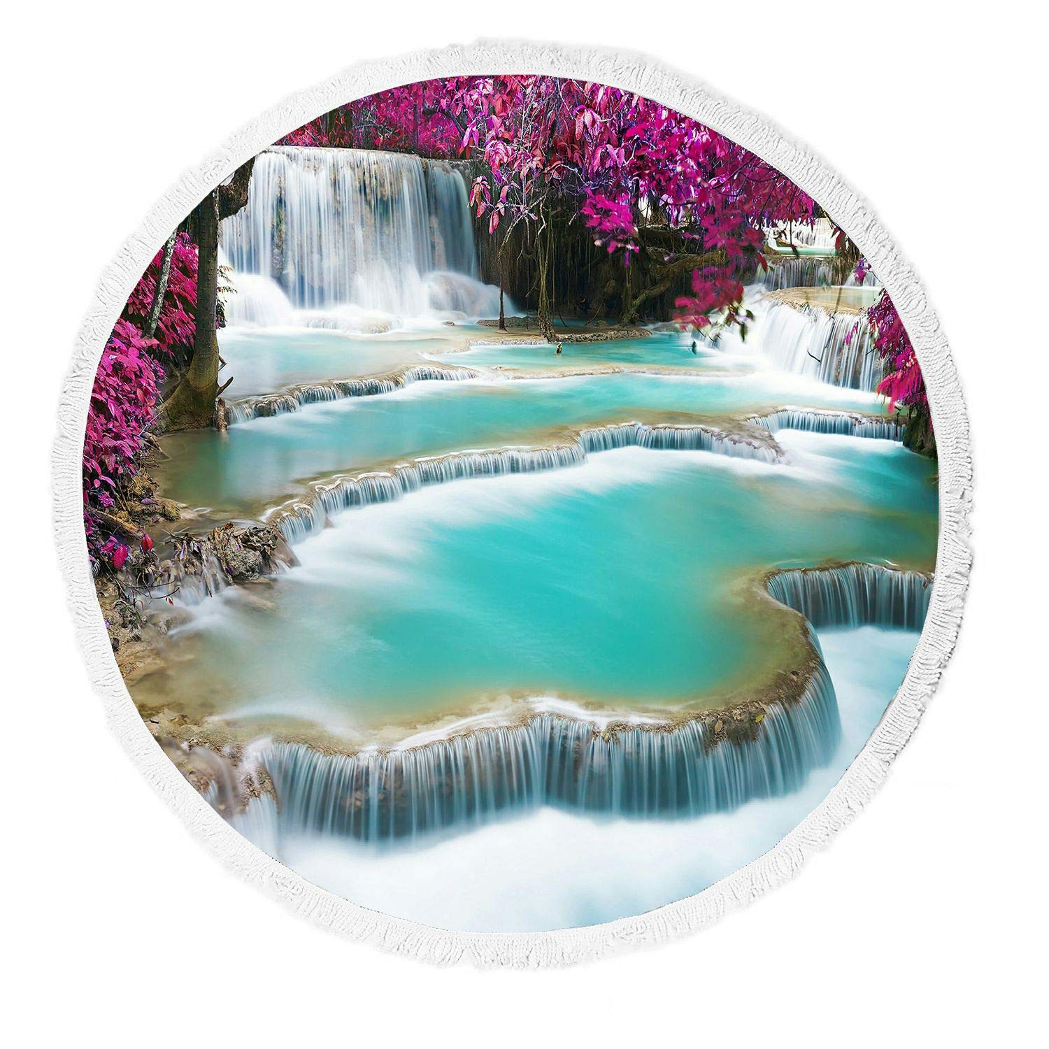 ABPHQTO Turquoise Water Kuang Si Waterfall Beach Towel - Large Soft Tassel Blanket for Beach, Yoga, Picnic & Outdoor Activities | Quick-Dry Sandproof Blanket for Pool, Travel & Lounging