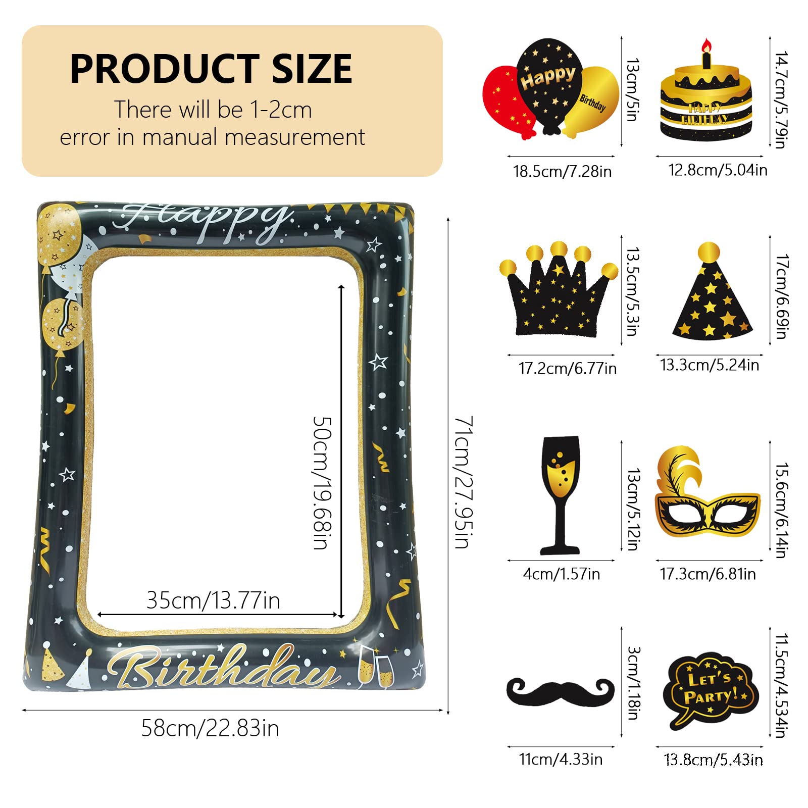 LMSHOWOWO Black & Gold Inflatable Birthday Photo Booth Frame - Giant Selfie Backdrop with Party Props for Women & Men - Perfect for Birthday Decorations, Anniversaries & Special Events