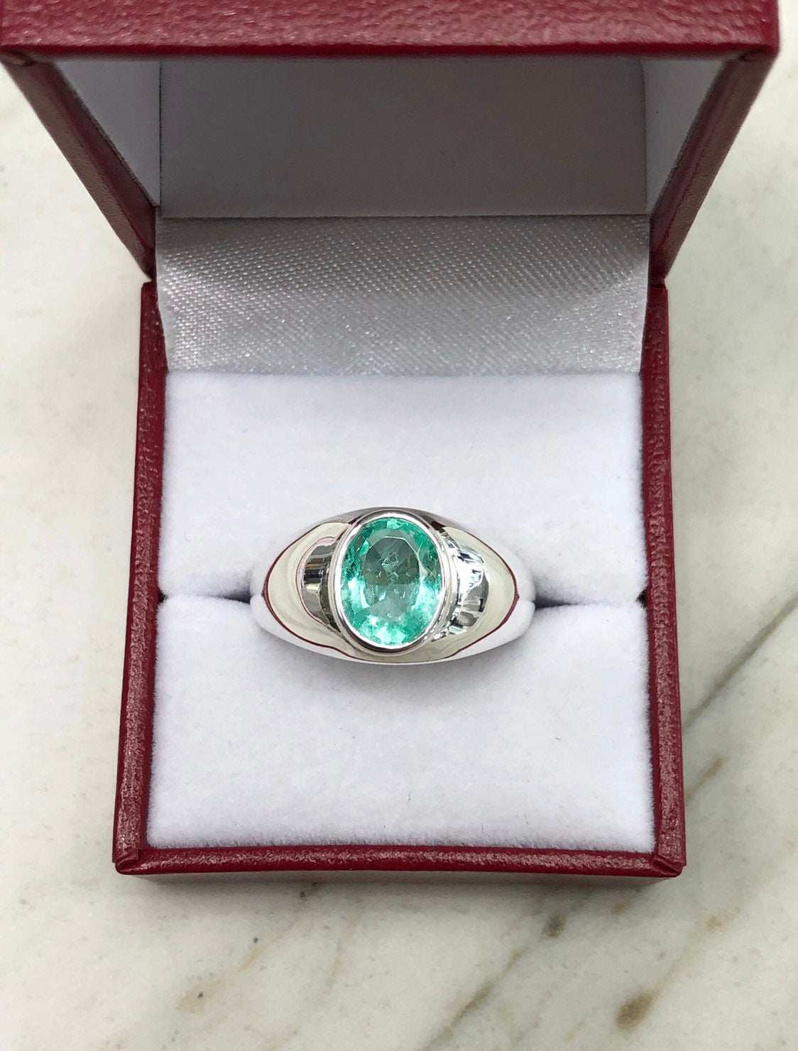 1.85 Carat Genuine Emerald Men's Solitaire Oval Signet Ring in Sterling Silver Bezel Setting - Perfect for Weddings, Engagements & Special Occasions