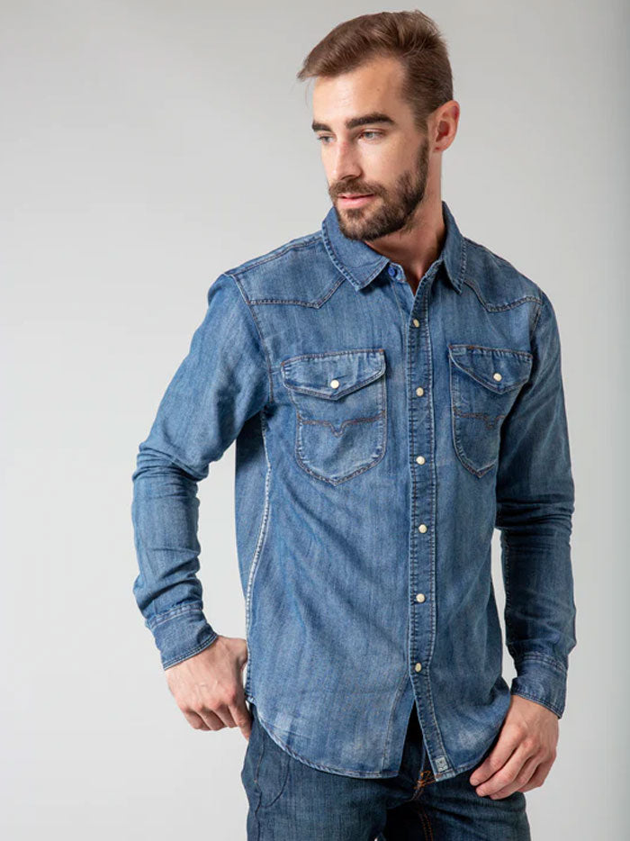 Kimes Ranch GRIMES Men's Long Sleeve Snap Button Denim Shirt - Dark Indigo Western Shirt for Casual Wear, Rodeo & Outdoor Activities