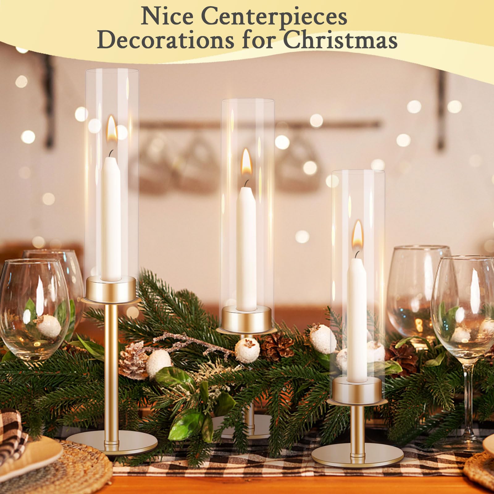 Elegant Gold Hurricane Candle Holders Set of 3 - Glass Taper Candle Sticks with Covers for Wedding Centerpieces, Christmas Decor, Romantic Dinners & Home Ambiance Lighting