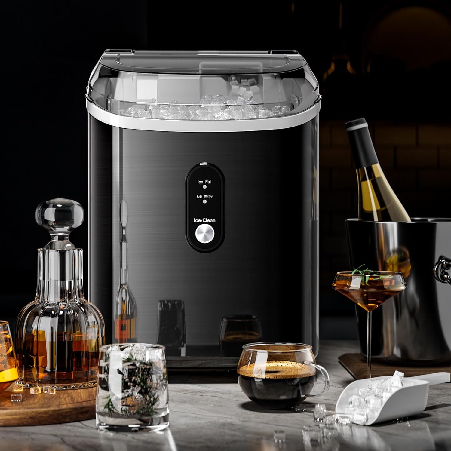 Kismile Countertop Nugget Ice Maker - Portable Sonic Ice Machine with Self-Cleaning & One-Touch Operation for Home, Office, Bar, or Party (Stainless Steel Black) - Perfect for Cocktails, Sodas, and Beverages