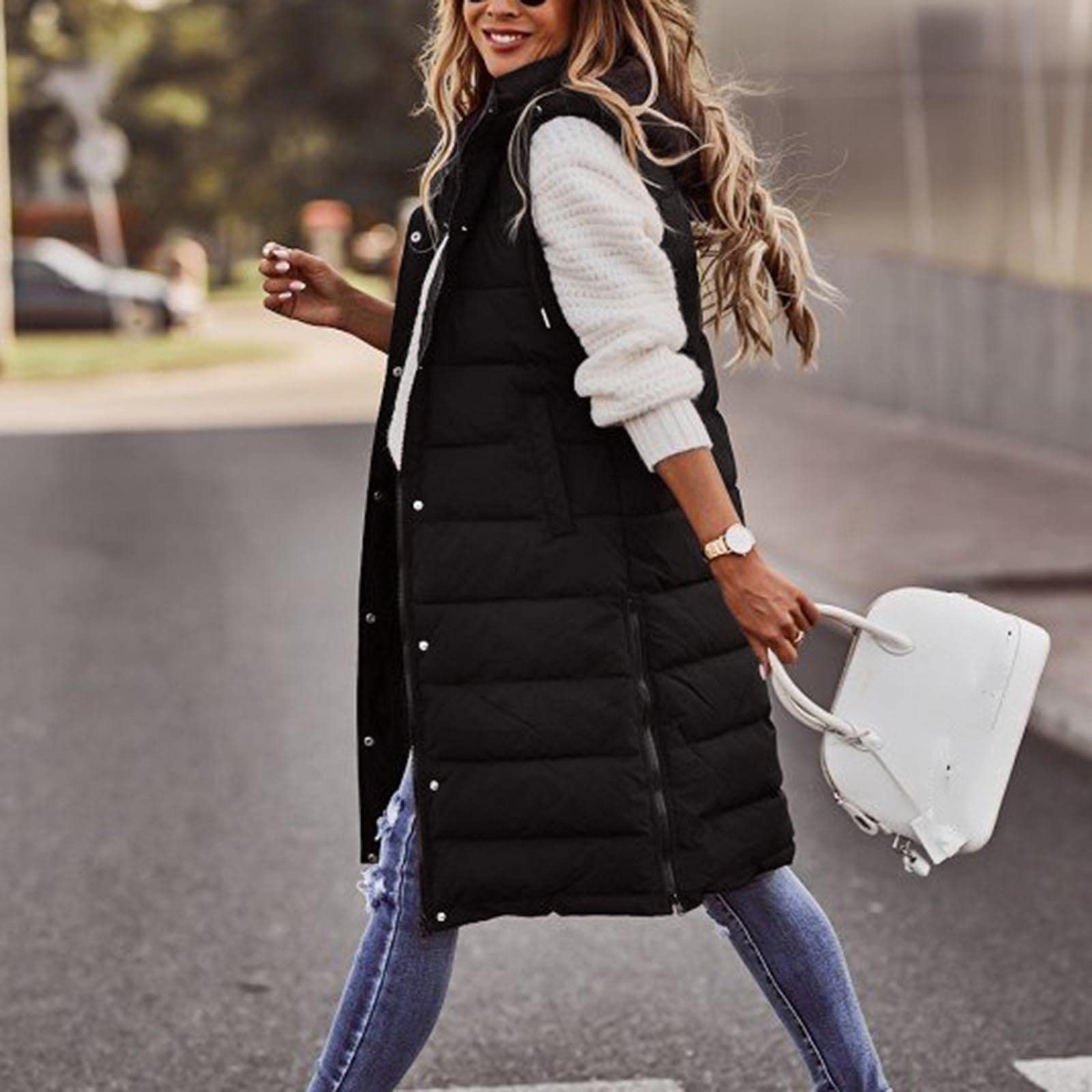 Women's Long Puffer Vest Jacket - Sleeveless Winter Coat with Zip Up Hoodie & Pockets | Thickened Warm Windbreaker for Outdoor Activities | Warehouse Clearance Open Box Deals